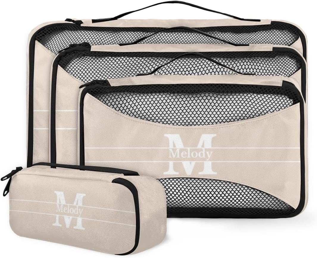 Personalized Compression Packing Cubes with Name Initial Letter, Beige Color 4 Set Mesh Travel Organizer Bags for Carry on, Luggage, Suitcase