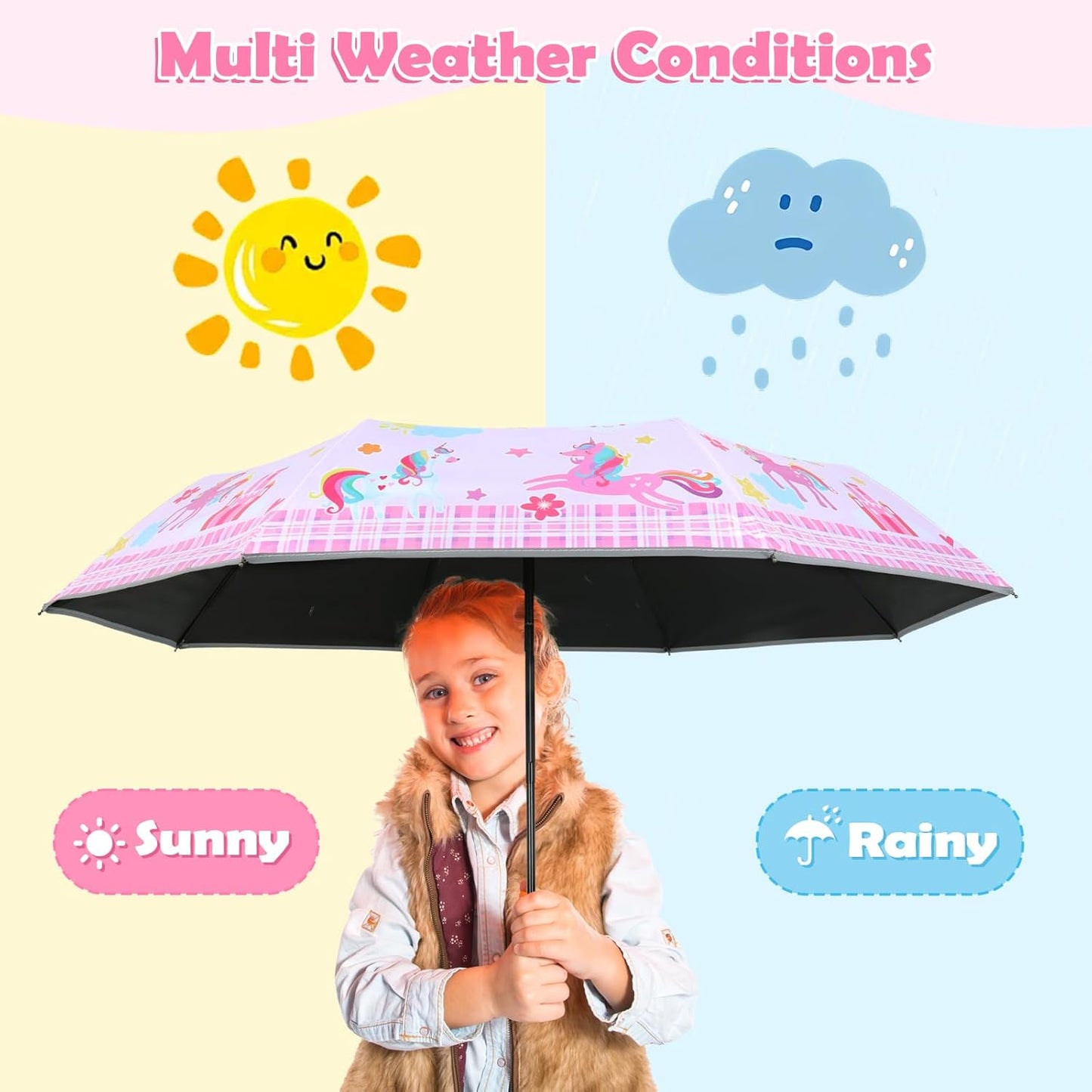 Kids Folding Umbrella Auto Open/Close Anti-rebound Safe Design UV Resistant Automatic Children Travel Umbrellas 8 Rib Reinforced Canopy 360° Reflective Strip Lightweight Cute Umbrella for Girls & Boys