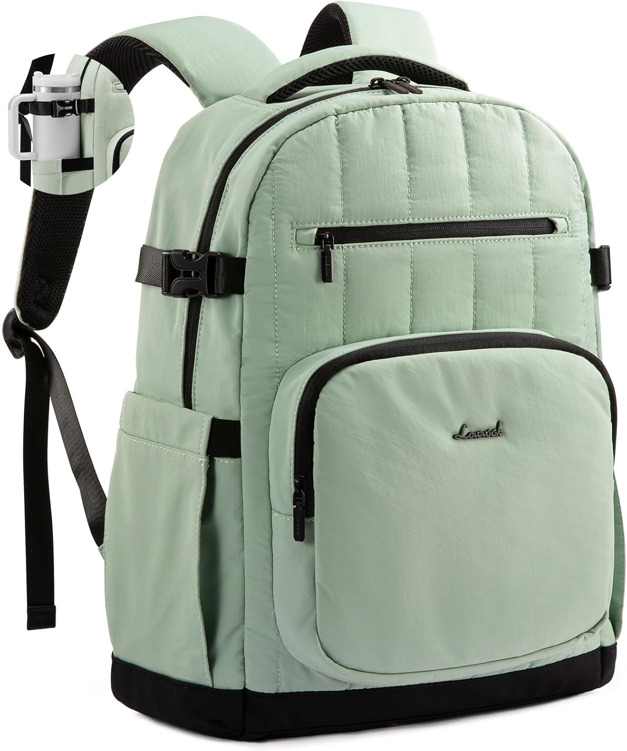 LOVEVOOK Laptop Backpack Women with Pouch Pocket for Large Capacity Cup,15.6 Inch Lightweight Puffer Computer Laptop Bag Travel Backpack Purse for Work College Teacher Personal Item,Mint Green-Black