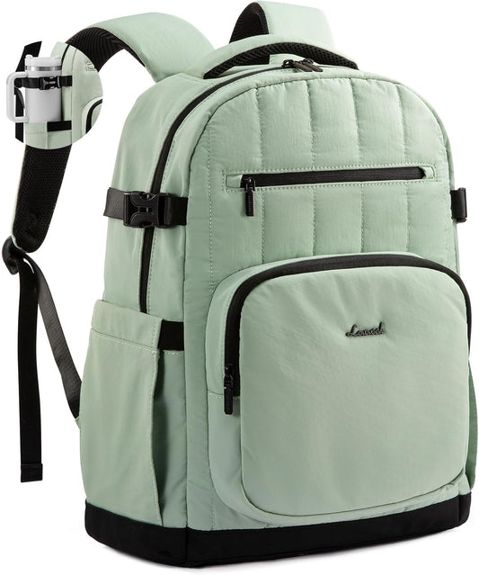 LOVEVOOK Laptop Backpack Women with Pouch Pocket for Large Capacity Cup,15.6 Inch Lightweight Puffer Computer Laptop Bag Travel Backpack Purse for Work College Teacher Personal Item,Mint Green-Black