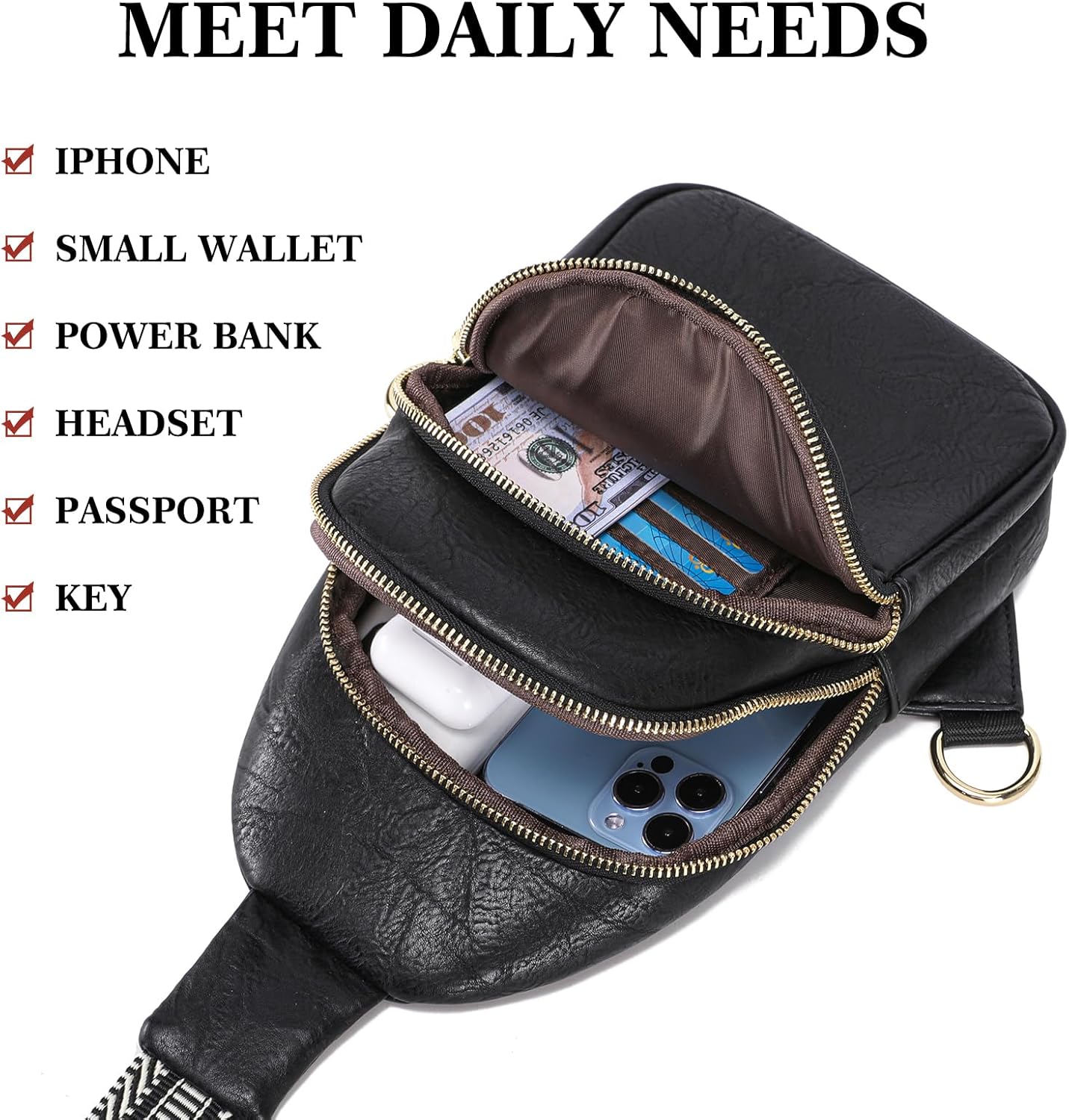 INICAT Crossbody Sling Bags Travel Cross Body Purses Faux Leather Fanny Packs Chest Bag for Women