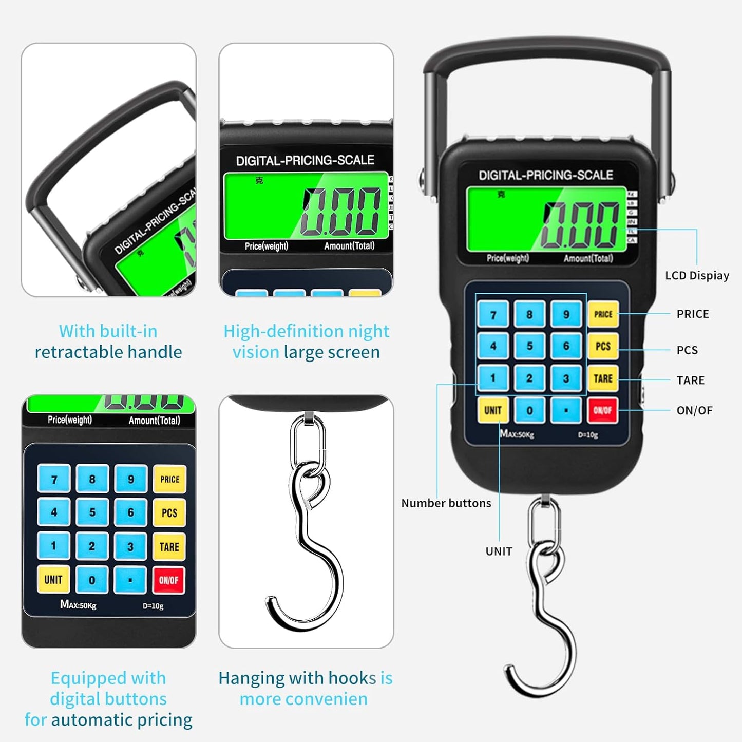 SKEAP Fish Scale - 110lb/50kg Digital Scale with Backlit LCD Display, Luggage Scale for Travel & Fishing with Price Computing Function, Portable Suitcase Weigh Device, Ideal Fishing Gifts for Men