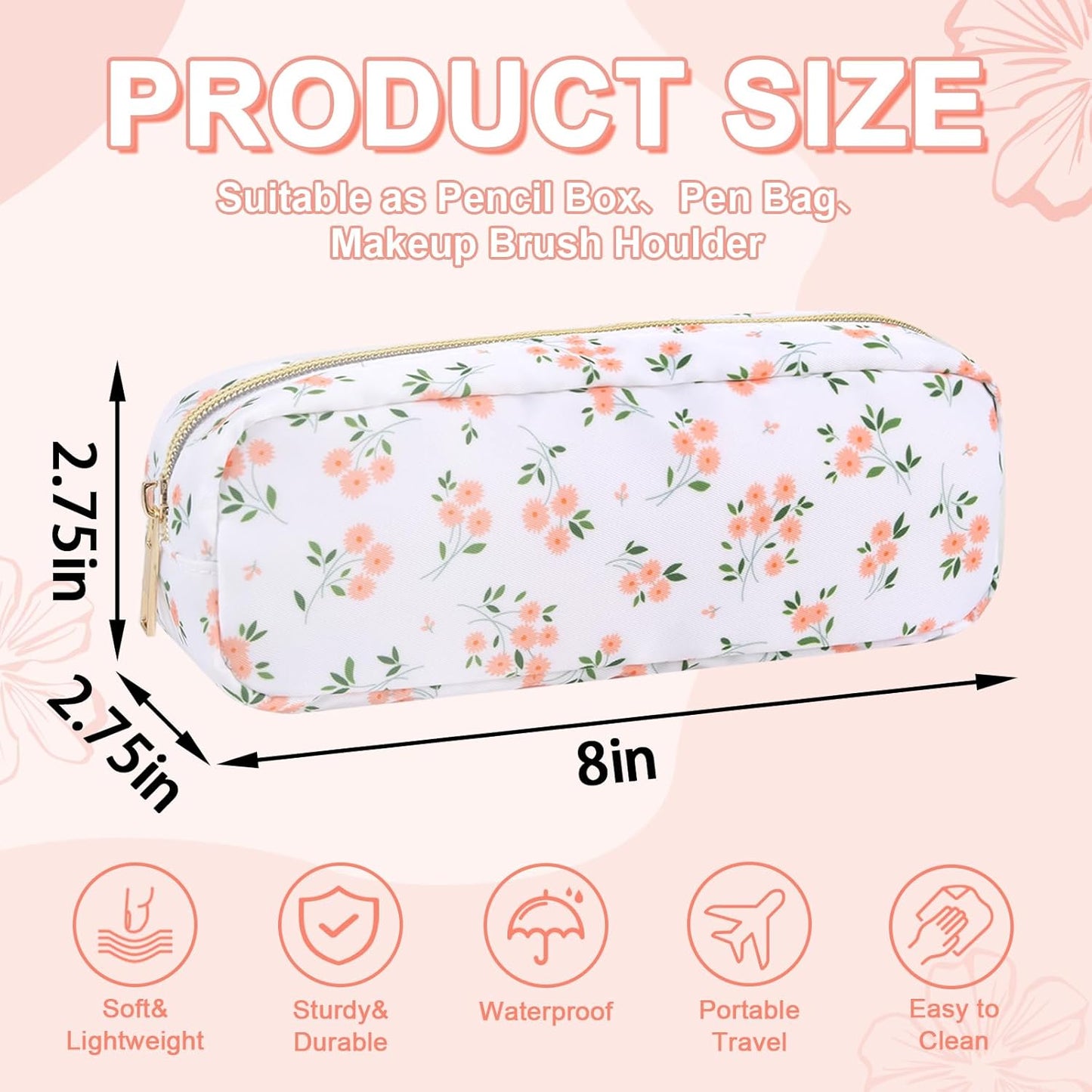 Waterproof Small Floral Pencil Case Makeup Bag for Purse,Cute Flower Pencil Pouch Preppy Nylon Makeup Brush Holder with Zipper,Girls Portable Storage Case Small Pen Bag for Work(Slim White-Flowers)