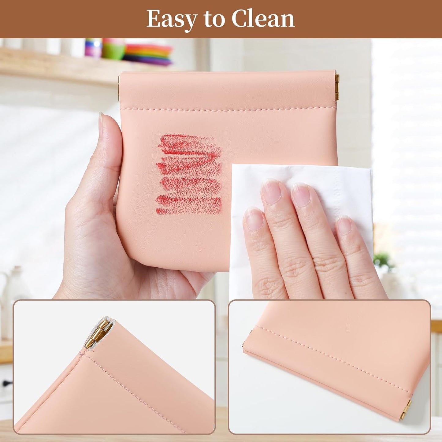 2 Pack Small Makeup Bag for Women, New Organosilicon Super Fiber Leather Mini Cosmetic Bag for Travel, Coin Purse Organizer Storage Pouch (Pink)