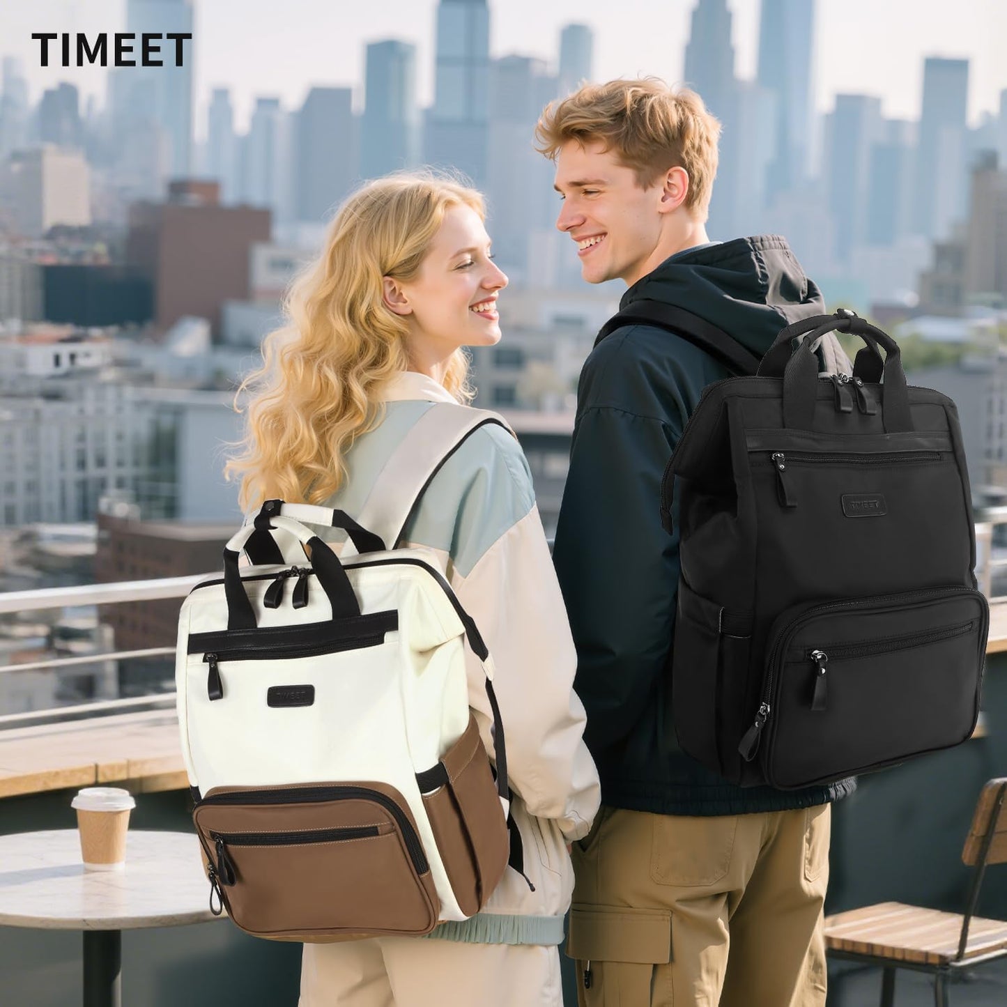 Timeet Laptop Backpack for Women Men, 15.6 Inch Travel Backpack with USB Charging Port, Water Resistant & Anti-theft for Work College Business, Multifunctional Carry on Backpack, White-brown