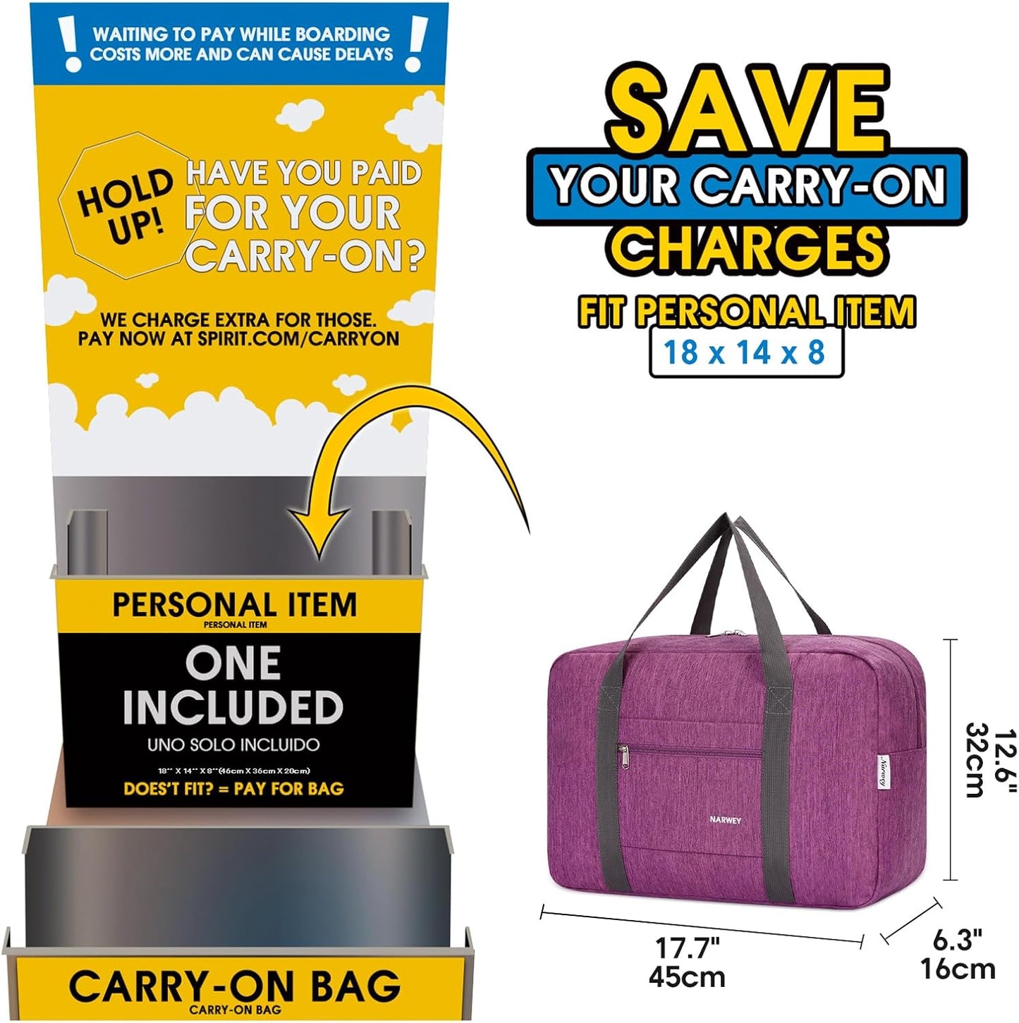 For Spirit Airlines Personal Item Bag 18x14x8 Foldable Travel Duffel Bag Tote Carry on Luggage Duffle Overnight for Women and Men