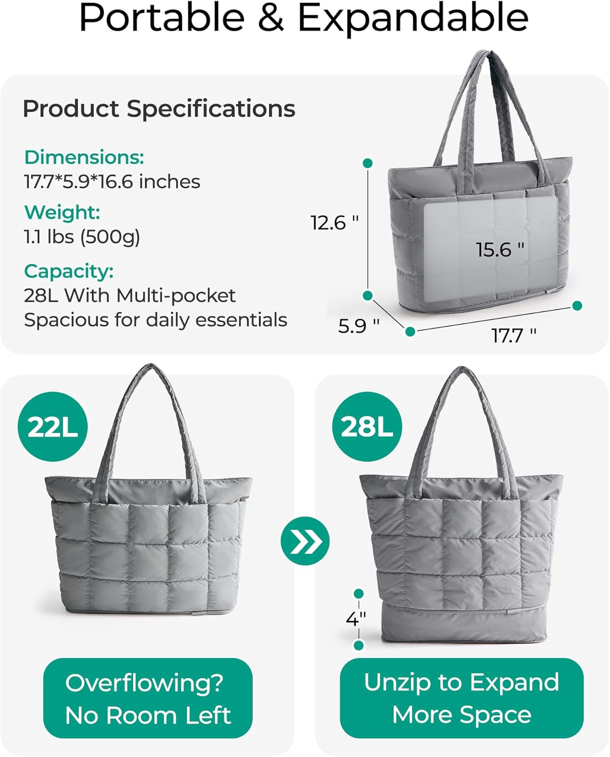 BAGSMART Expandable Tote Bag for Women, Puffer Work Tote Handbag, Quilted Carry-On Travel Gym Bag