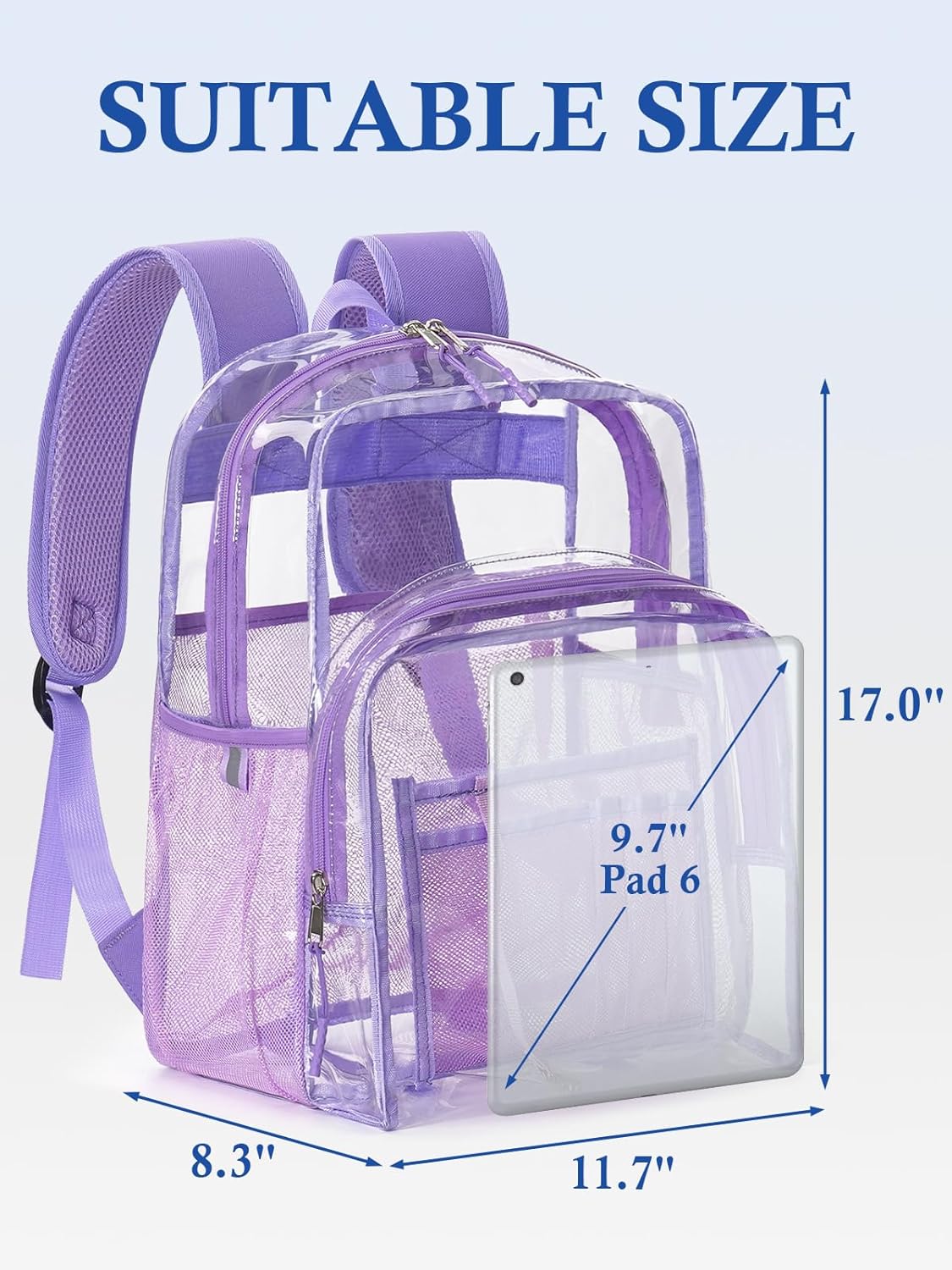 Clear Backpack for School, 17 inch Large Heavy Duty-TPU See Through Bookbag for Boys Girls and Adult, Transparent Backpack With Multi-Pockets for College Work Gym Sport, Light Purple