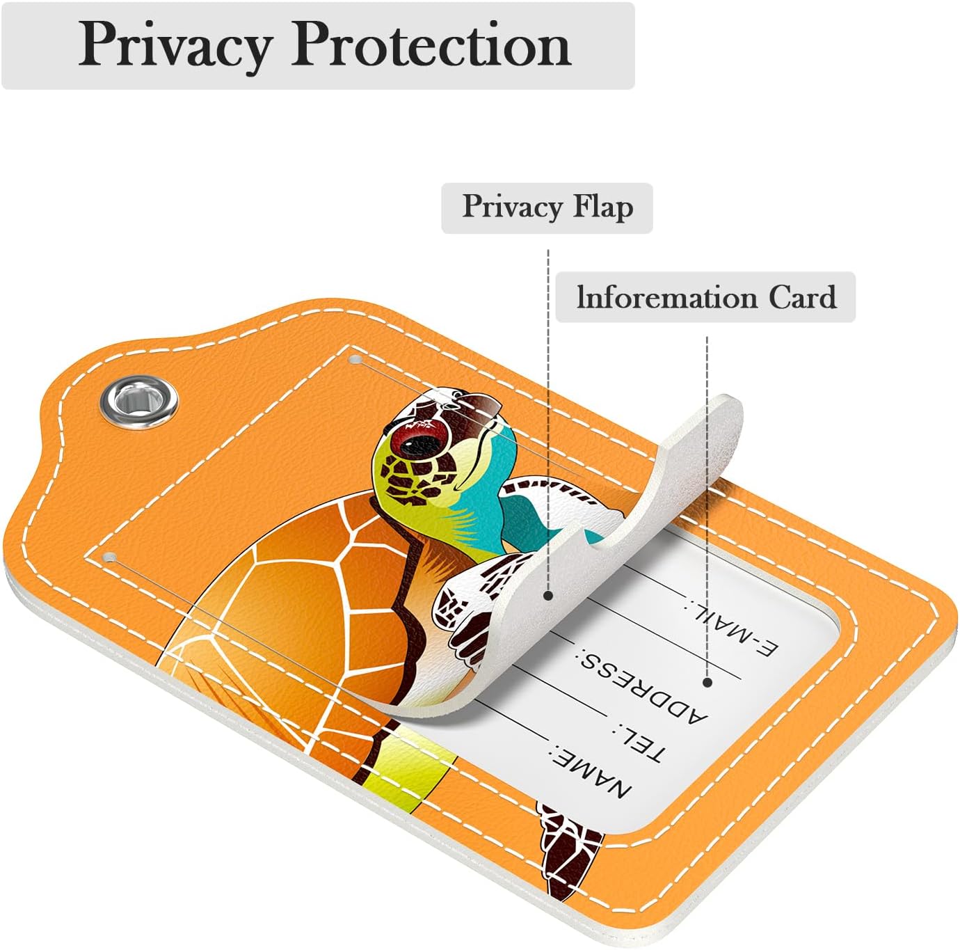 Luggage Tags for Suitcase, 2 Pack PU Leather Travel Cruise Luggage Tag with Privacy Flap, Name ID Label and Metal Loop for Women Men Girls Suitcase Baggage Bag Backpack, Turtles Orange