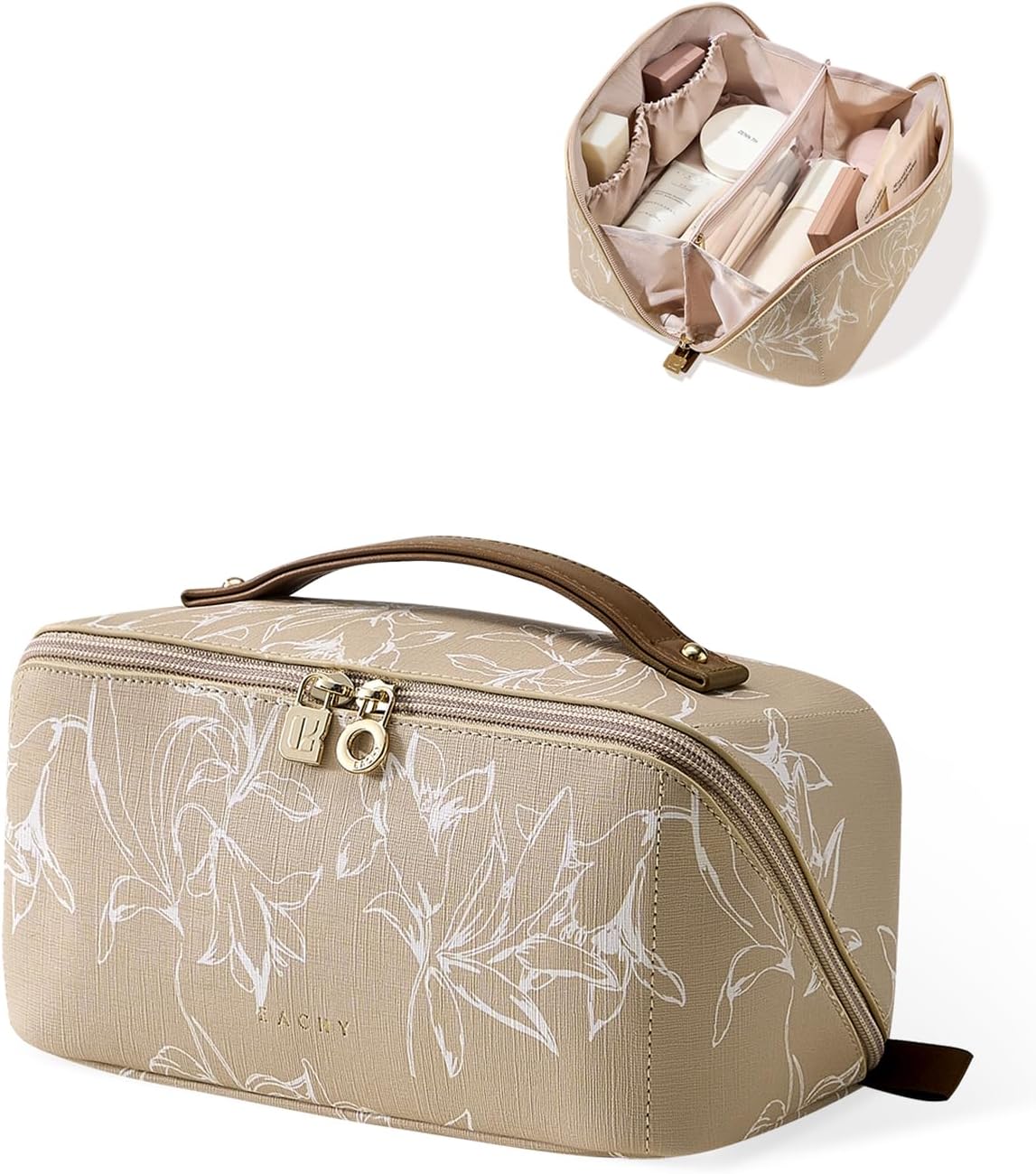 EACHY Travel Makeup Bag, Large Capacity Cosmetic Bags for Women, Waterproof Portable Pouch Open
