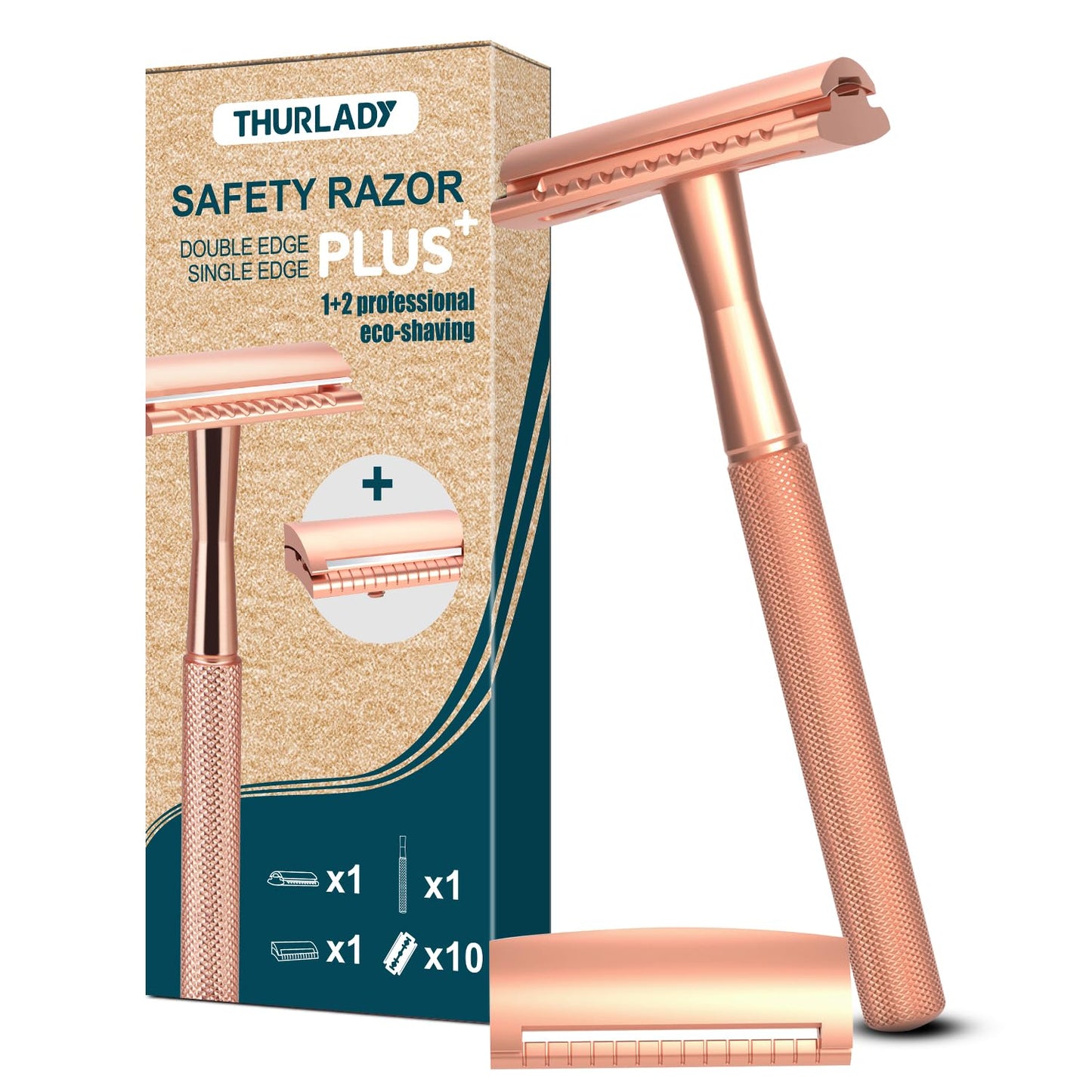 Safety Razor, Single Blade Razors for Women, Reusable Metal Razor, with 10 Double Edge Blades, Smooth Close Gentle Shave, Plastic Free, Rose Gold