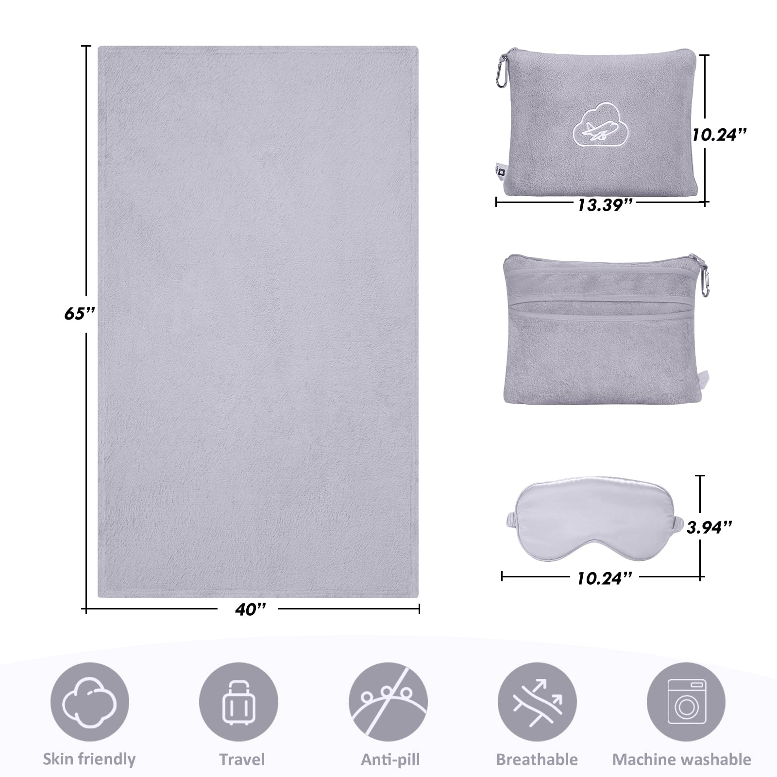 ENZOLVE Travel Blanket Pillow,Airplane Blanket Compact with Bag Eye Mask, Ultra-Soft,Warm &