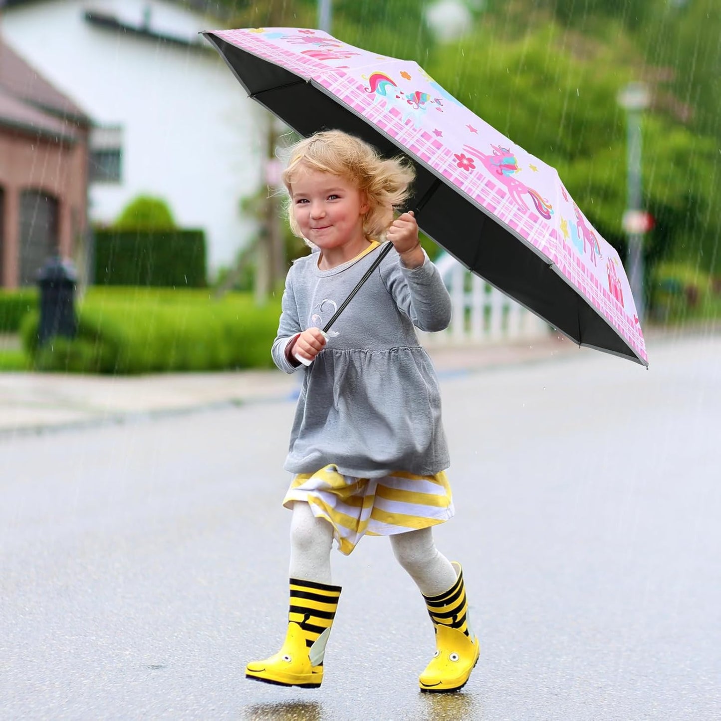 Kids Folding Umbrella Auto Open/Close Anti-rebound Safe Design UV Resistant Automatic Children Travel Umbrellas 8 Rib Reinforced Canopy 360° Reflective Strip Lightweight Cute Umbrella for Girls & Boys