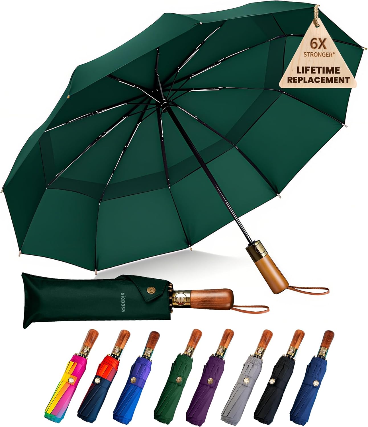 SIEPASA 49/54/62 Inch Windproof Golf Umbrella - Automatic Open/Close, Real Wood Handle - Large Folding Travel Umbrella for Wind, Rain & Sun Protection.