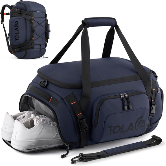 Tolaccea Gym Bag for Men & Women, 40L Duffle Bag Backpack for Travel Sports with Shoe Compartment, Wet Pocket & Extra Laptop Bag for 15.6'', 3-in-1 Sport Workout Duffel Carry On for Airplane (Navy)