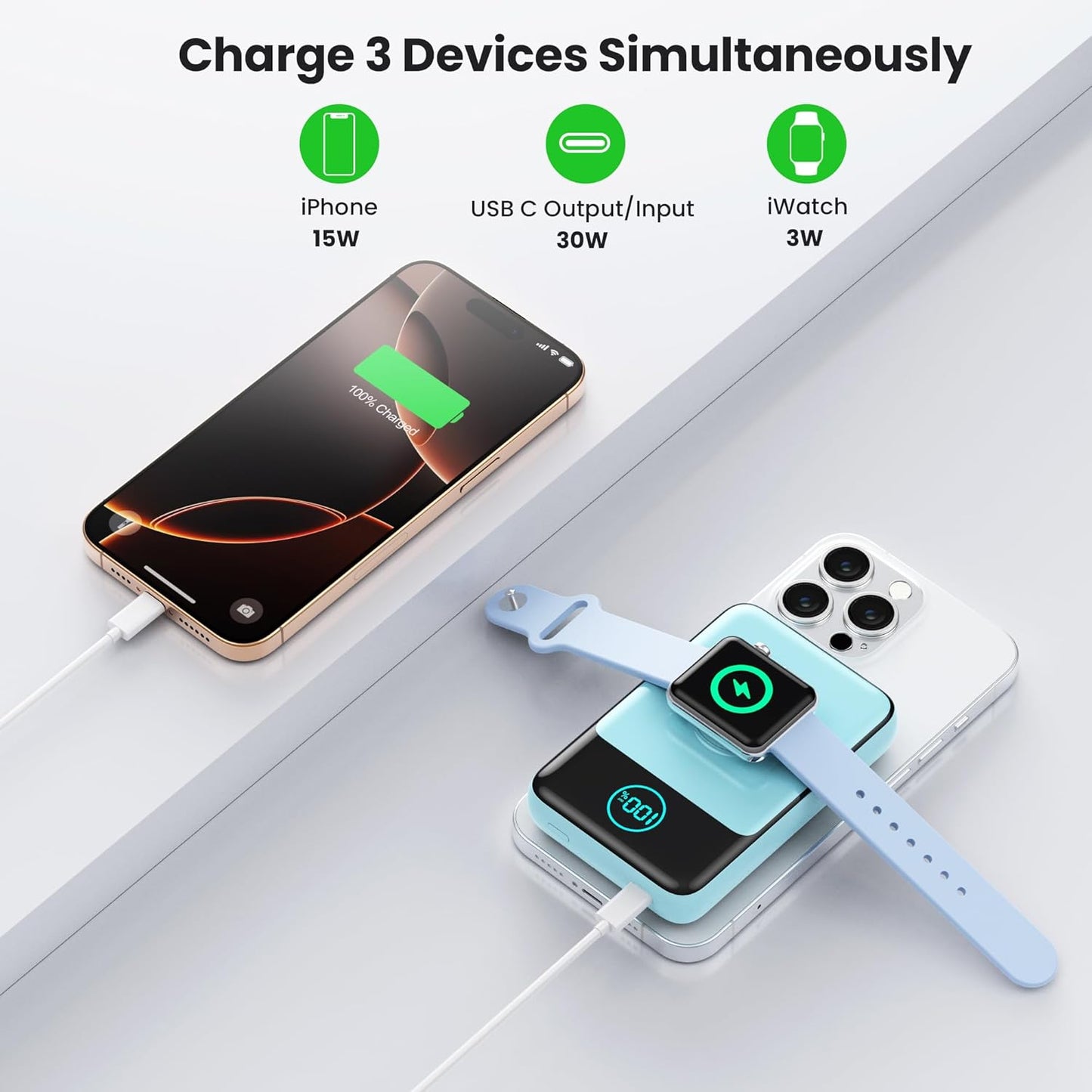 Magnetic Portable Charger for iPhone, 10800mAh Qi2 15W Wireless Power Bank with iWatch Charger,30W PD Fast Charging USB-C Travel Essentials Battery Pack for Magsafe,iPhone 17/16/15/14/13, Apple Watch