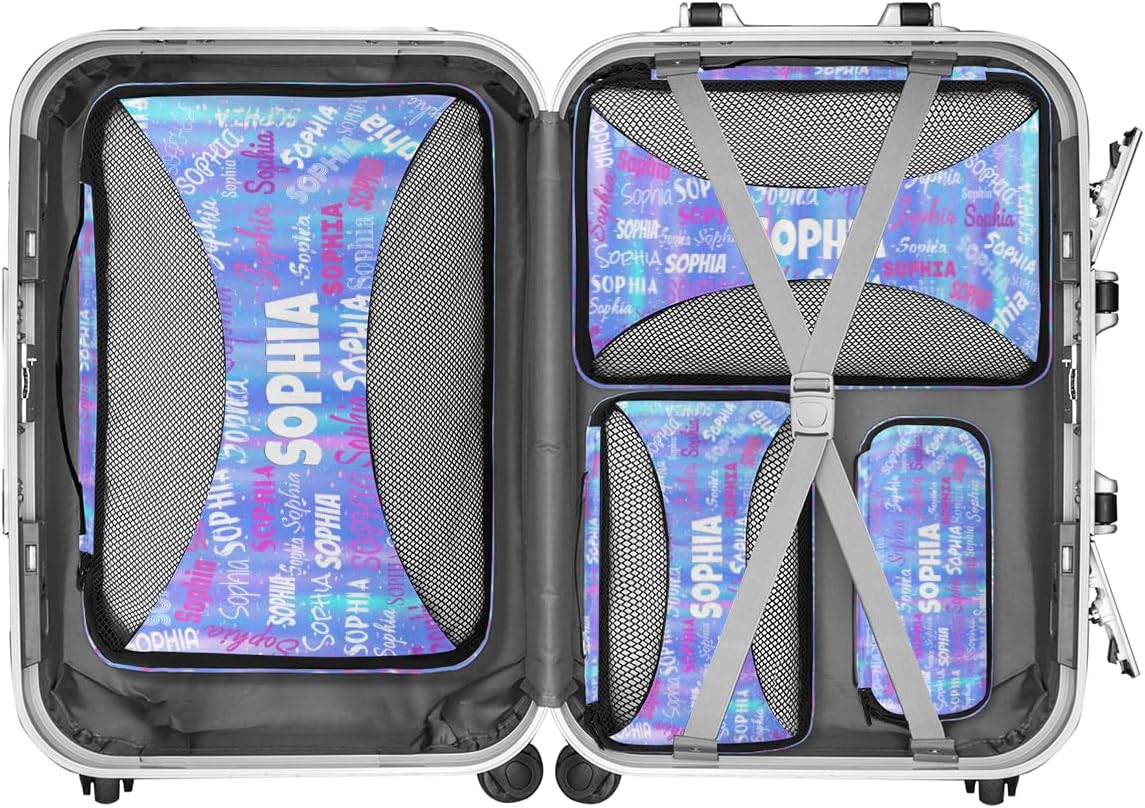 Custom Packing Cubes with Name, 4Pcs/Set Travel Luggage Packing Organizers Set for Women, Gradient Blue Galaxy Background