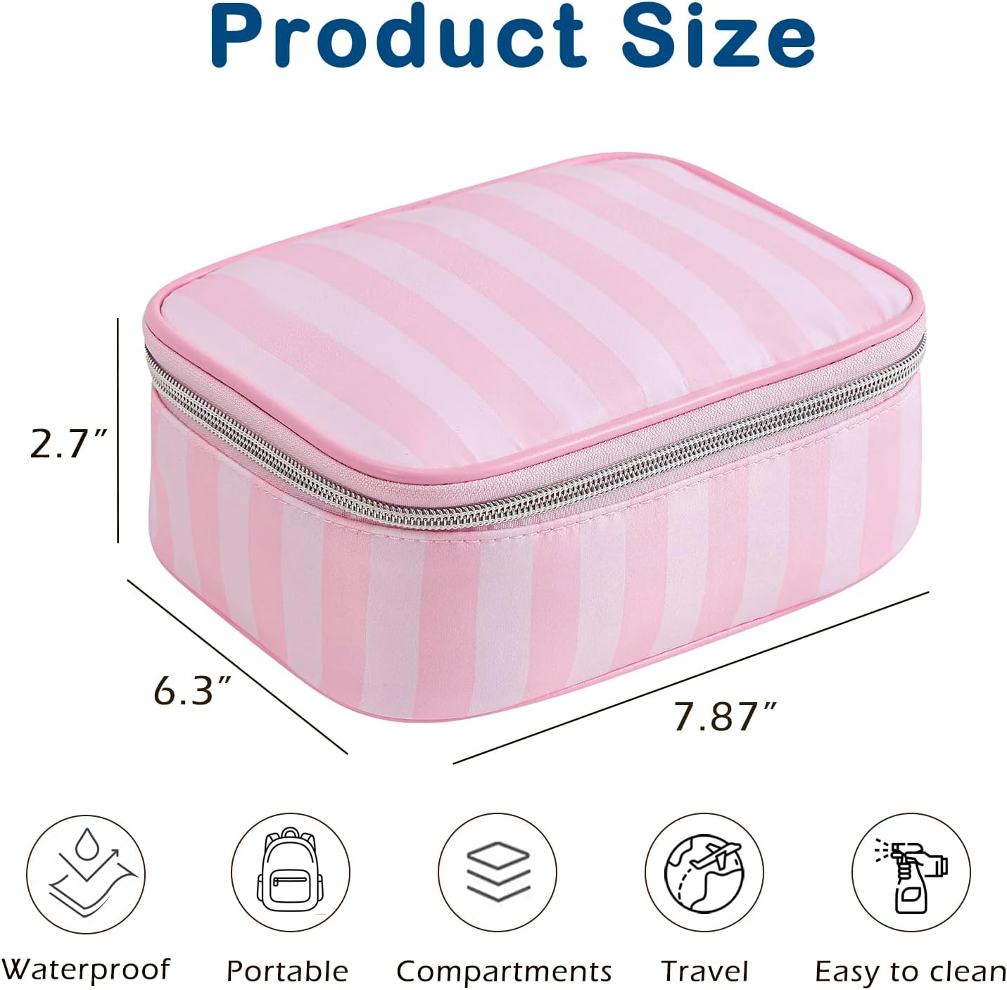 uekeboag Pink Stripe Nylon Travel Makeup Organizer Bag,Top Open Large Capacity Cosmetic Bags,Toiletries Accessories Coquette Bag for Women Girls(04Simple Top Open)