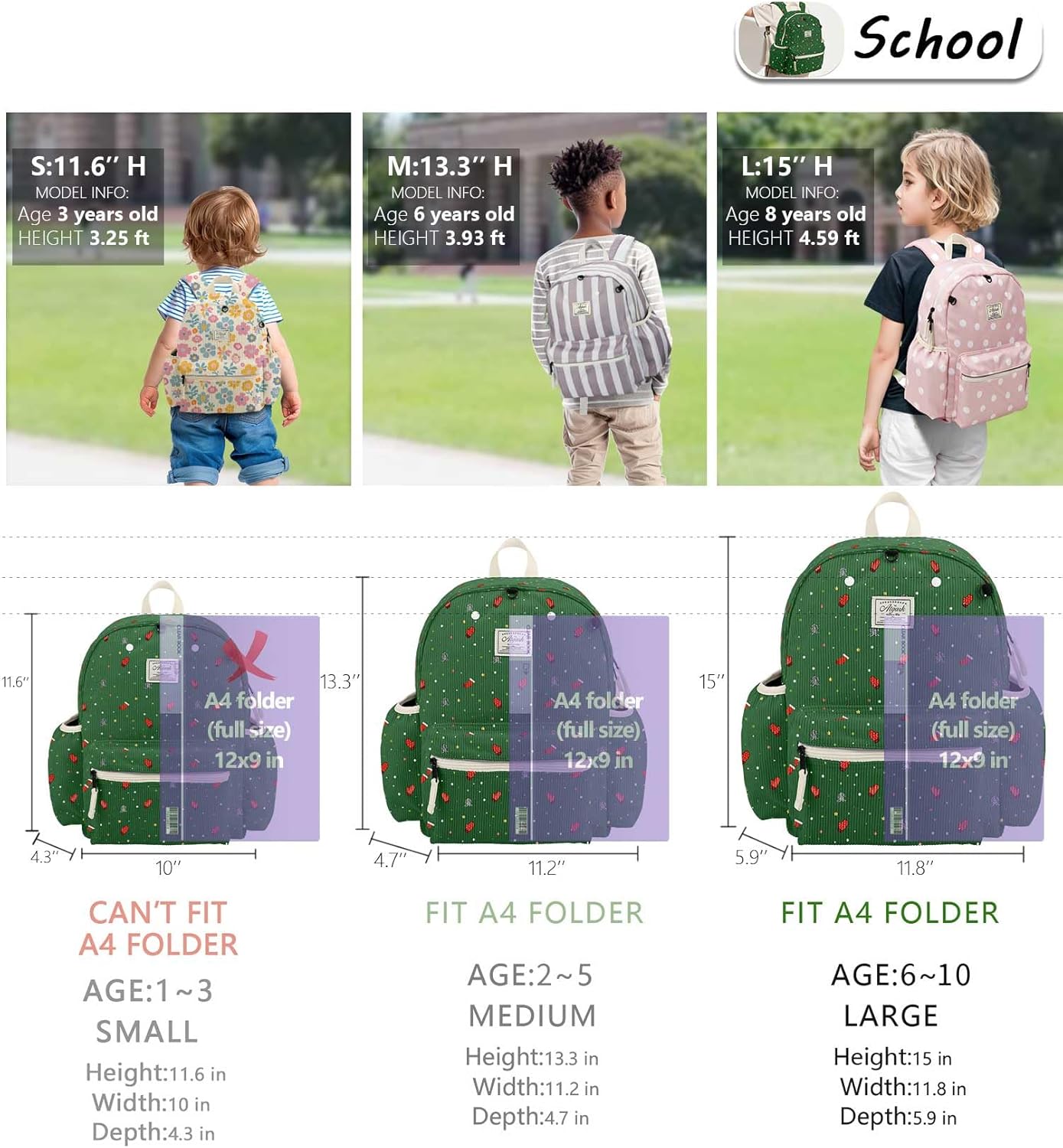 Corduroy Kids Backpack for Girls 6-10: Girls Backpacks for Elementary Kindergarten 15” H Fit Folder