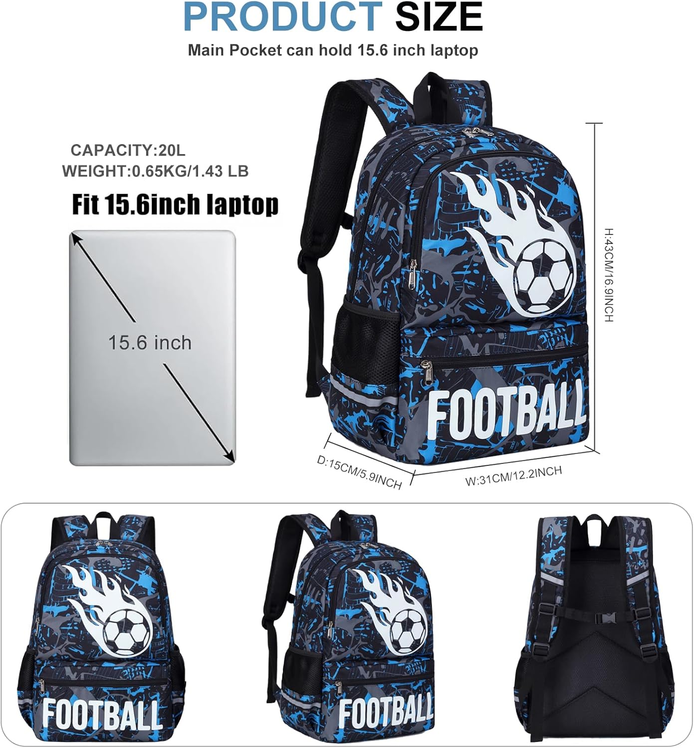 Octsky Kids School Backpack for Boys, Luminous Soccer Backpack Bookbag with Lunch Box, Blue