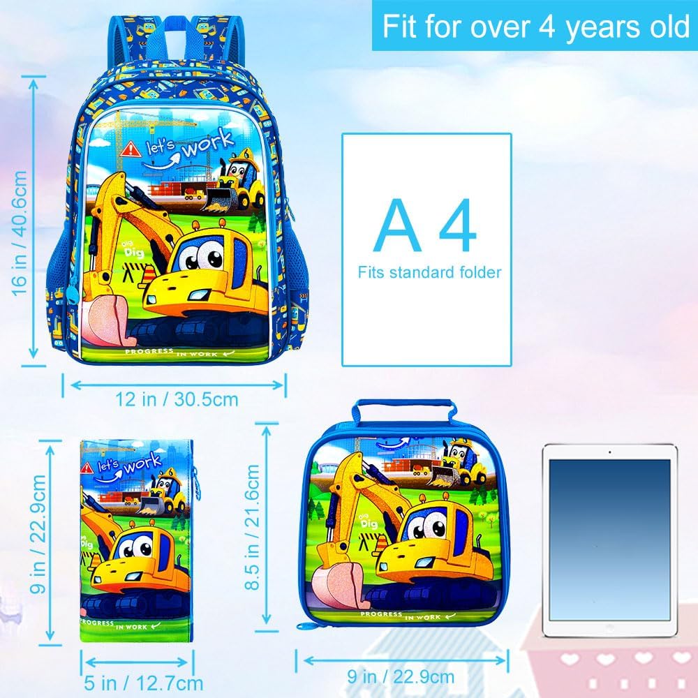 3PCS Dinosaur Backpack for Boys, 16 Inch Kids Water Resistant Preschool Elementary Kindergarten Bookbags and Lunch Box