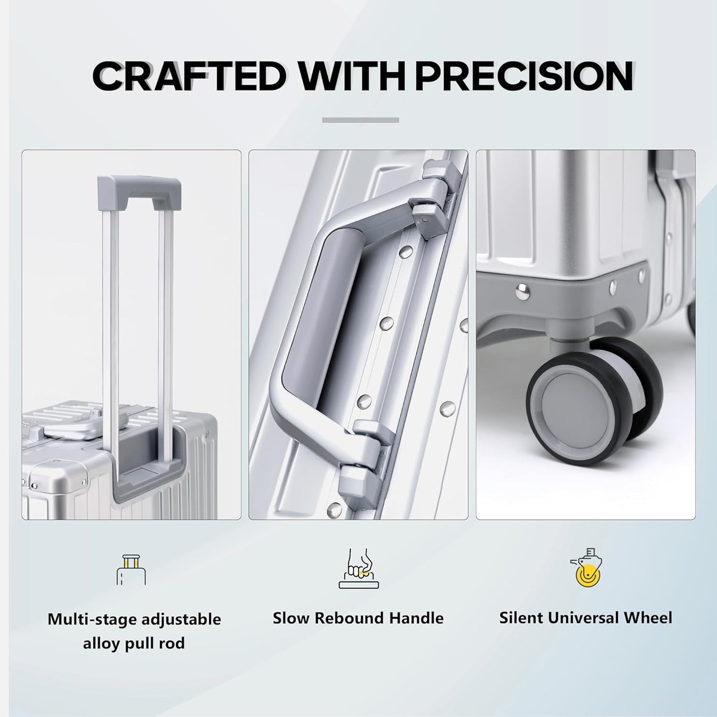 YYW Aluminum Carry-On Luggage Airline Approved Lightweight Suitcase with TSA Lock and Silent Wheels Hardshell Spinner Business Travel (Silver, 20in)