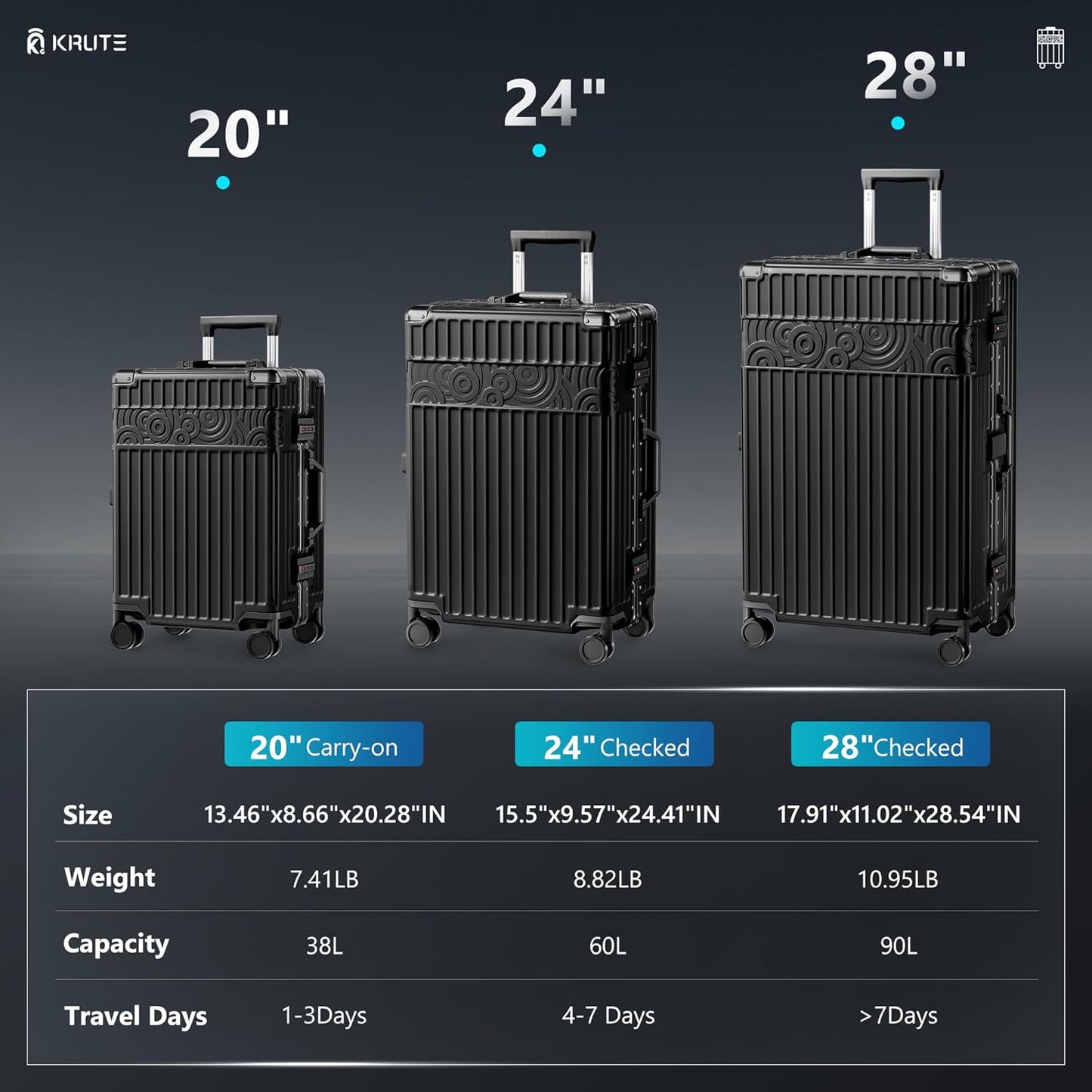 Krute Aluminum Frame Carry On Luggage with Wheels 20inch Hard Shell Zipperless Luggages PC+ABS Suitcase with TSA Lock