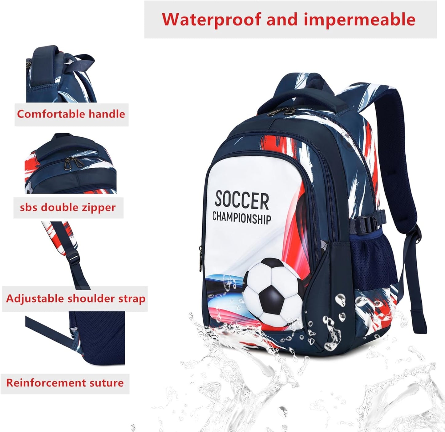 Boys Backpack Kids Bookbag Durable Elementary Middle School Bags Soccer 18in (white)