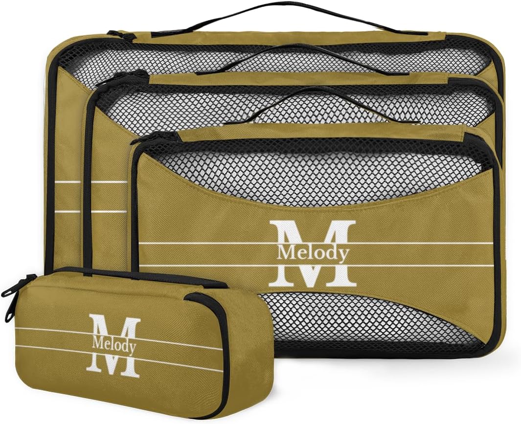 Personalized Compression Packing Cubes with Name, 4 Set Mesh Travel Organizer Bags for Carry on Women Men Boys, Luggage, Suitcase, Olive Green with Initial Letter