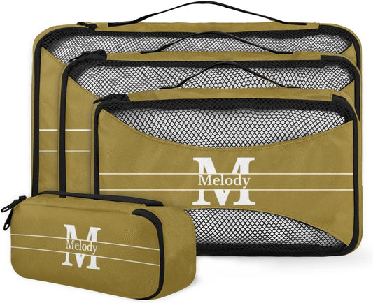 Personalized Compression Packing Cubes with Name, 4 Set Mesh Travel Organizer Bags for Carry on Women Men Boys, Luggage, Suitcase, Olive Green with Initial Letter