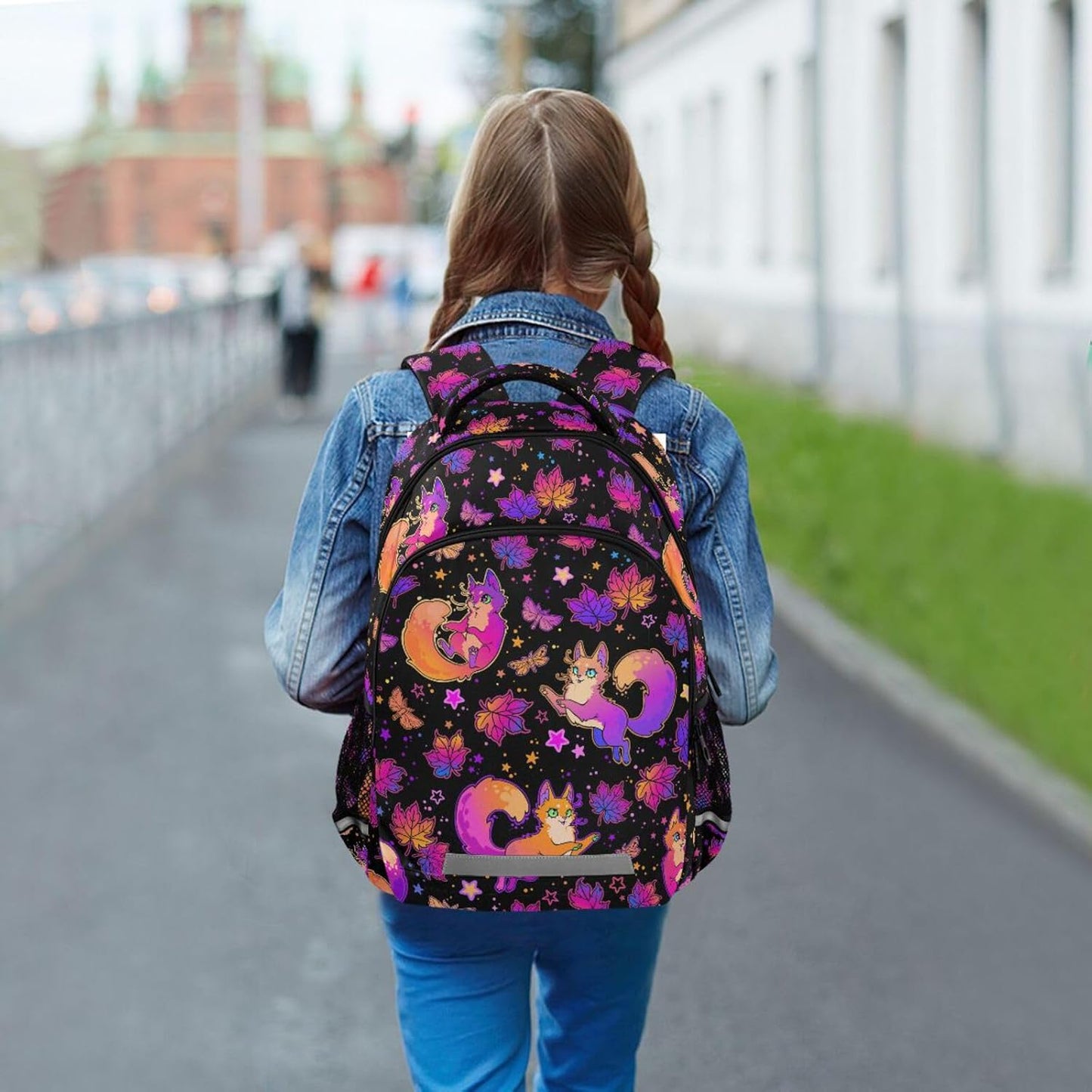 Purple Psychedelic Fox Cat Backpack Boys Girls Bookbag Elementary School Bag Kids Travel Rucksack