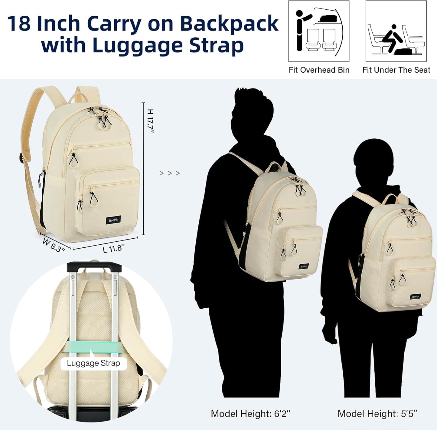 Carry On Travel Backpack For Women, 18 Inch Water Resistant Large Backpack Lightweight Bookbag For Men, 8x14x18 Personal Item Bag Casual Daypack Backpacks For Work Office Commuter (Offwhite)