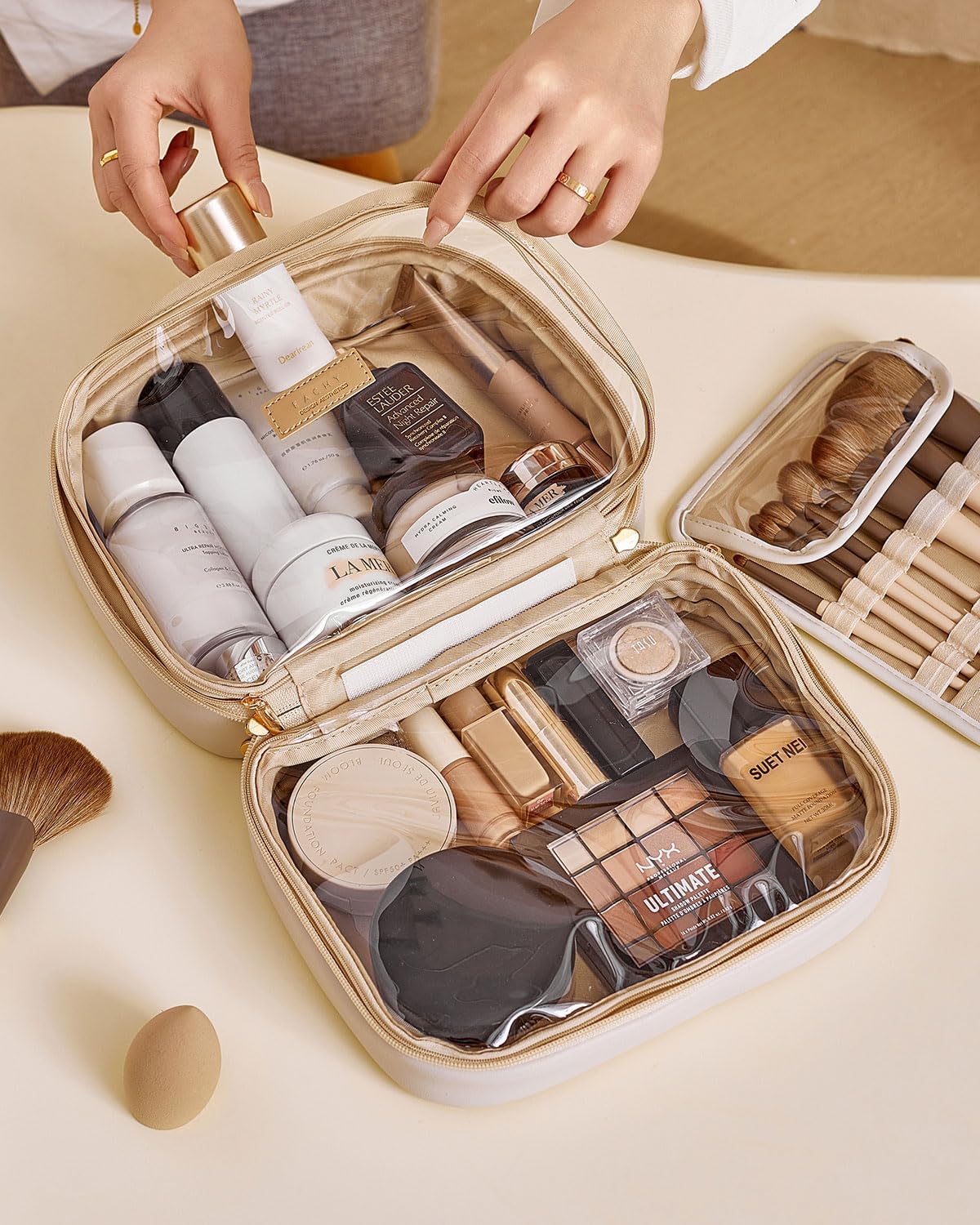 EACHY Travel Makeup Bag,Large Capacity Cosmetic Bags for Women,Waterproof Portable Pouch Open Flat Toiletry Bag Pattern Makeup Bag