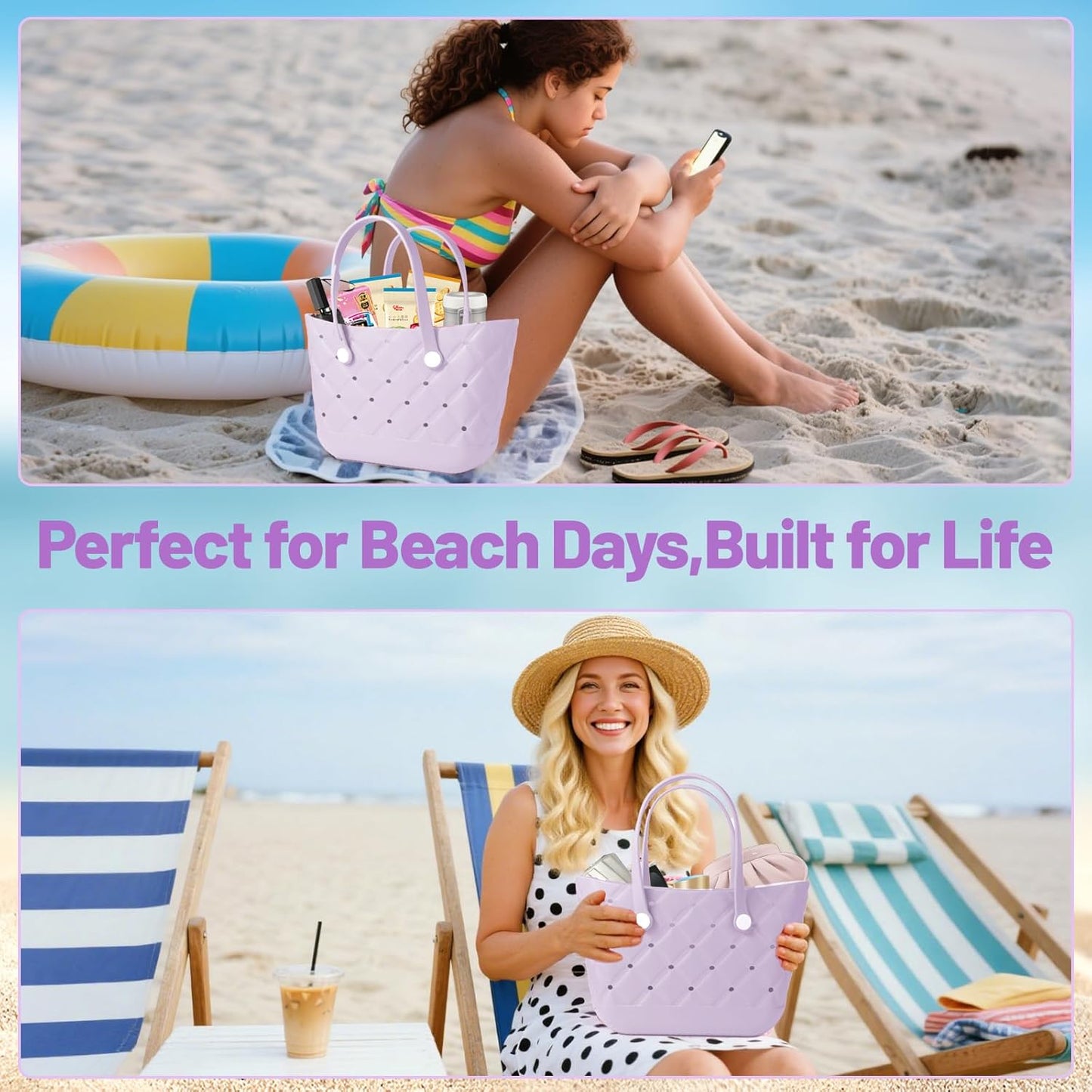 Large Waterproof Rubber Beach Bag for Women Lightweight Beach Tote For Beach Pool & Gym&Travel