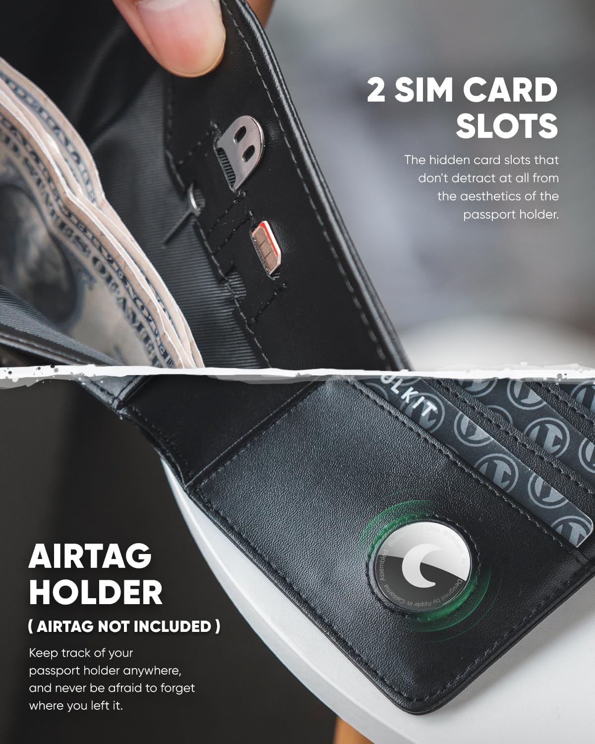 Real Leather Wallet Airtag Compatible RFID Bifold Travel Card Holder Black (Iron Black)