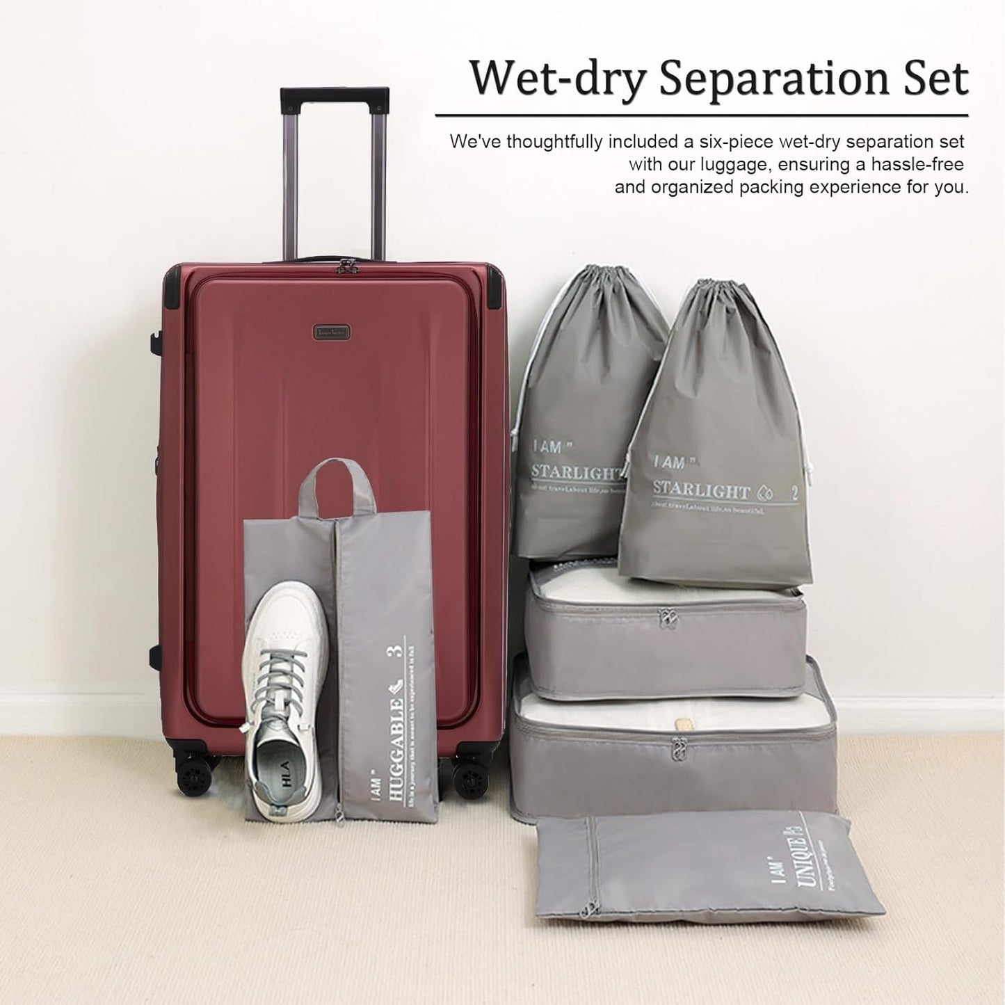 Premium Carry On Luggage, 20 Inch Top Opening Aluminum Frame Lightweight Airline Approved ABS+PC Hard Shell Suitcases with Silent Wheels, TSA Lock, Front Pocket and Wet-dry Separated Six-piece Set