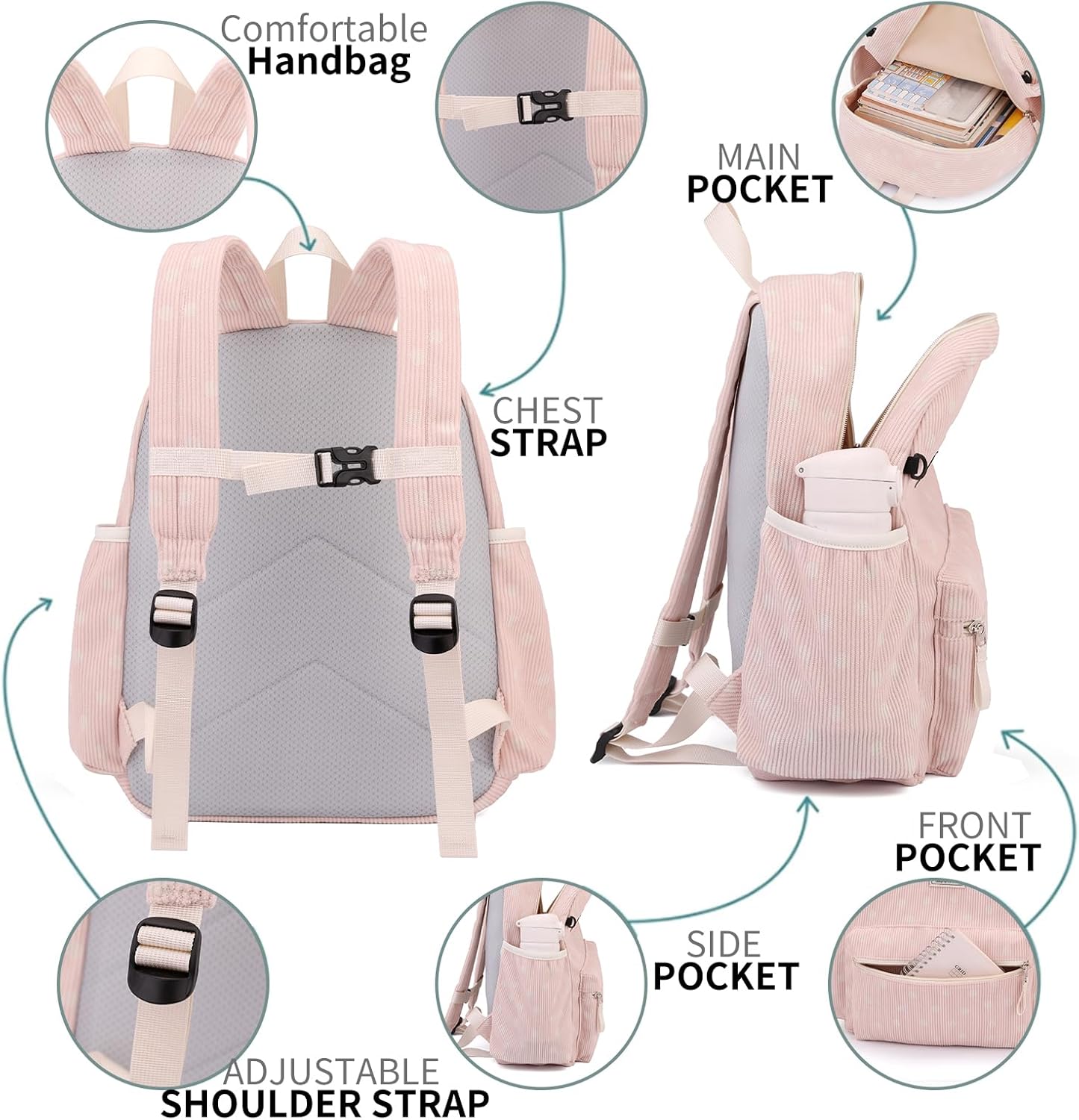 Corduroy Kids Backpack for Boys Girls Backpacks for Primary Elementary Kindergarten 6-10 (Dot Pink, Medium (15" H Fit A4 Folder))