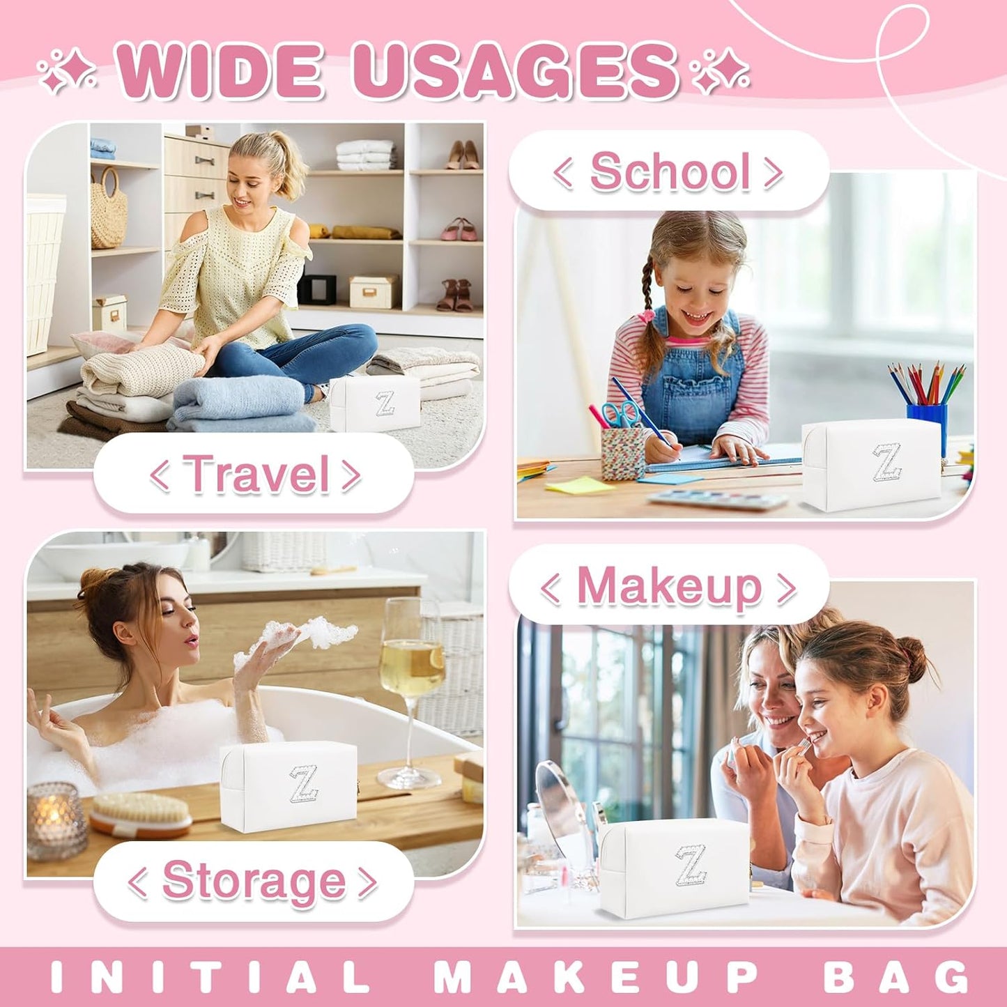 Bride Gifts – Personalized Initial Makeup Bag with Pearl Rhinestone Patch, Preppy White Monogram