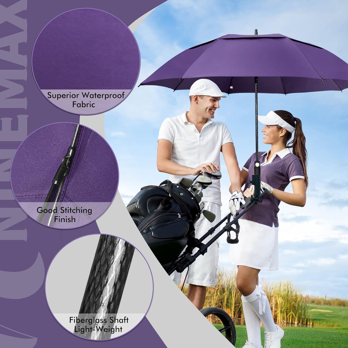 NINEMAX Golf Umbrella 51/54/62/68 Inch Automatic Open, Large Double Canopy Vented Oversize Stick Umbrellas Extra Large Windproof Waterproof for Rain