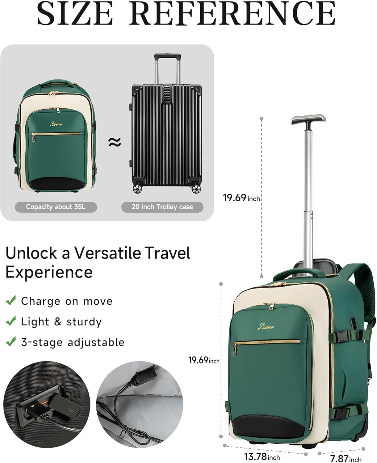 Carry On Backpack with Wheels for Adults, Airline Approved Rolling Backpack for Women, Foldable Bottom Travel Laptop Backpack (Deep Green)