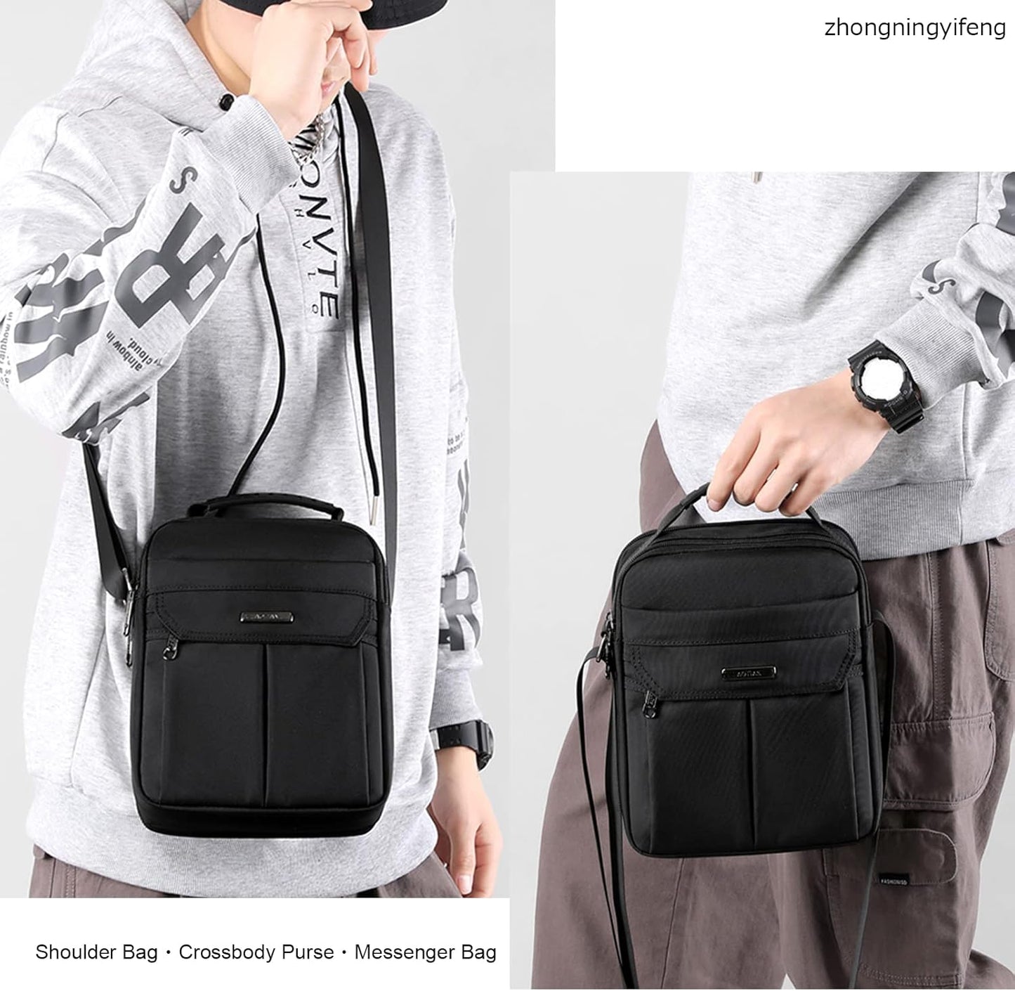 zhongningyifeng Men's Messenger Bag Small Nylon Crossbody Shoulder Bag Waterproof Casual Black Purse for Work Travel