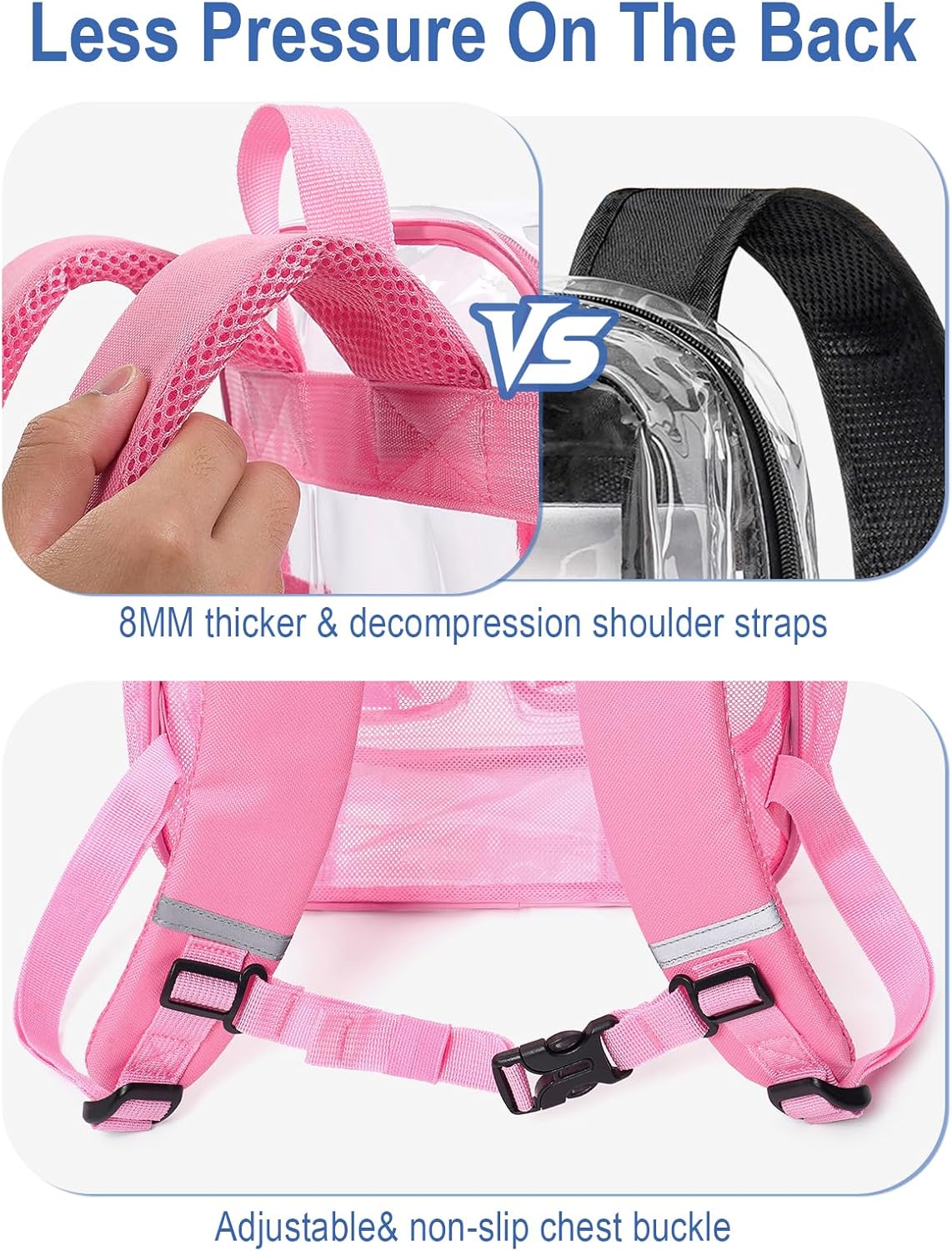 Heavy Duty Clear Backpack For School, 17 Inch Large Clear Bookbag For Kids Boys Girls Women Men, 360° 3M Reflective Strips See Through Backpack, Multi-Pockets Tranparent Bag, College Work, Pink