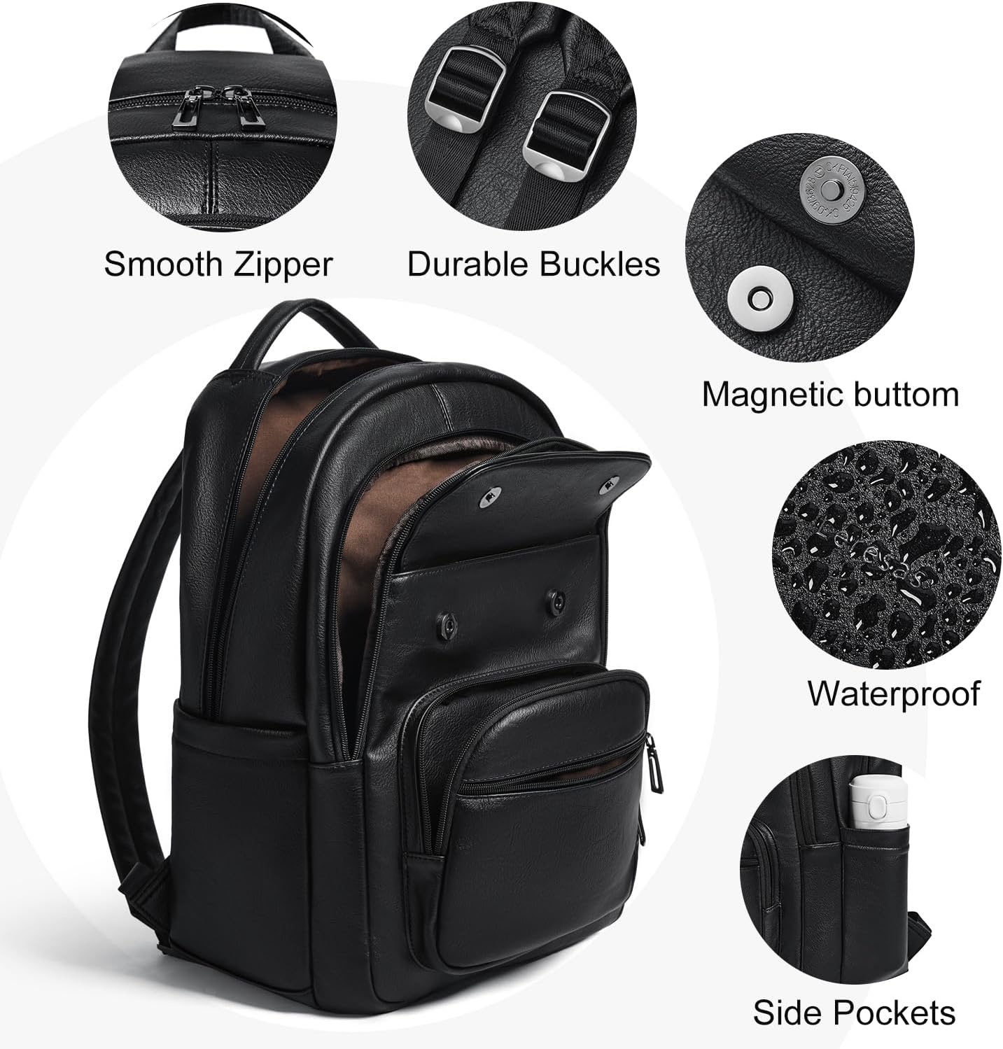 37L Backpack Purse for Women Men for Work Travel Back Pack Laptop Purses Vegan Leather Fashion College Daypack Black