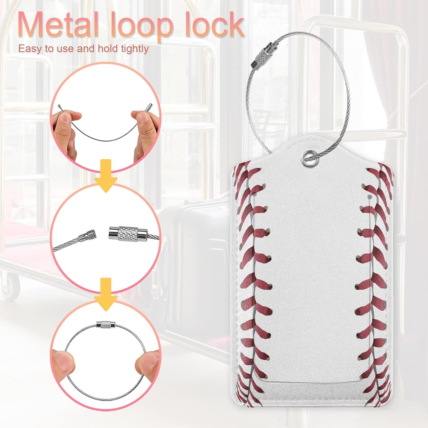 2 Pack PU Leahter Luggage Tag with Stainless Steel Loop, Baseball Luggage Tag Travel Suitcase Labels with Privacy Cover ID Label Quickly Spot for Bags & Baggage