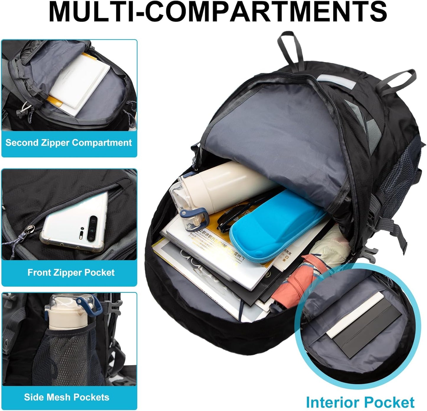 Long Keeper Hiking Backpack Water Resistant Camping Daypack Lightweight Outdoor Sport Backpack for Trekking Climbing Cycling (Black)