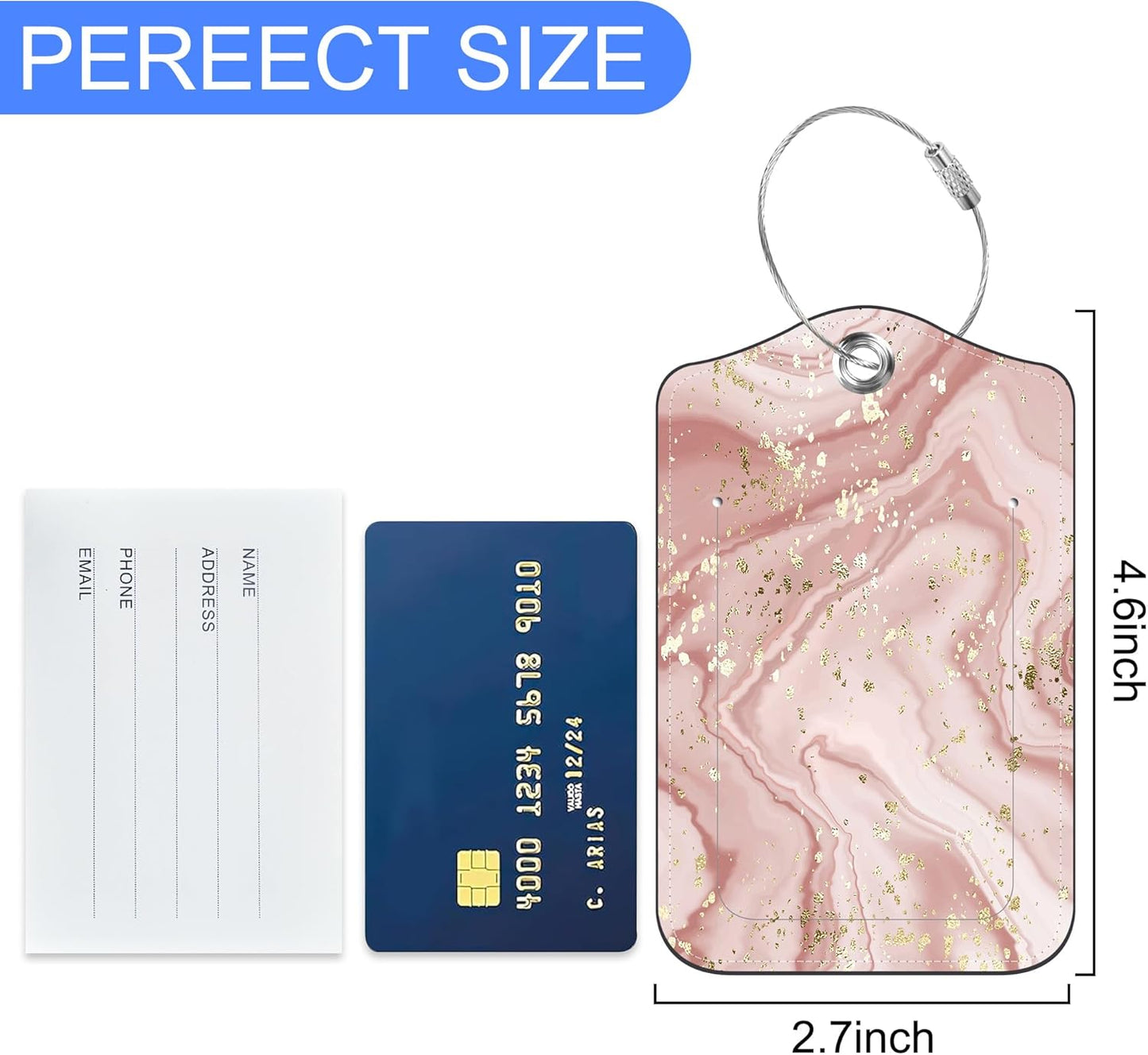 Pink Marble Luggage Tags Set of 2 Colorful Ink Painting PU Leather Travel Baggage Tags with Privacy