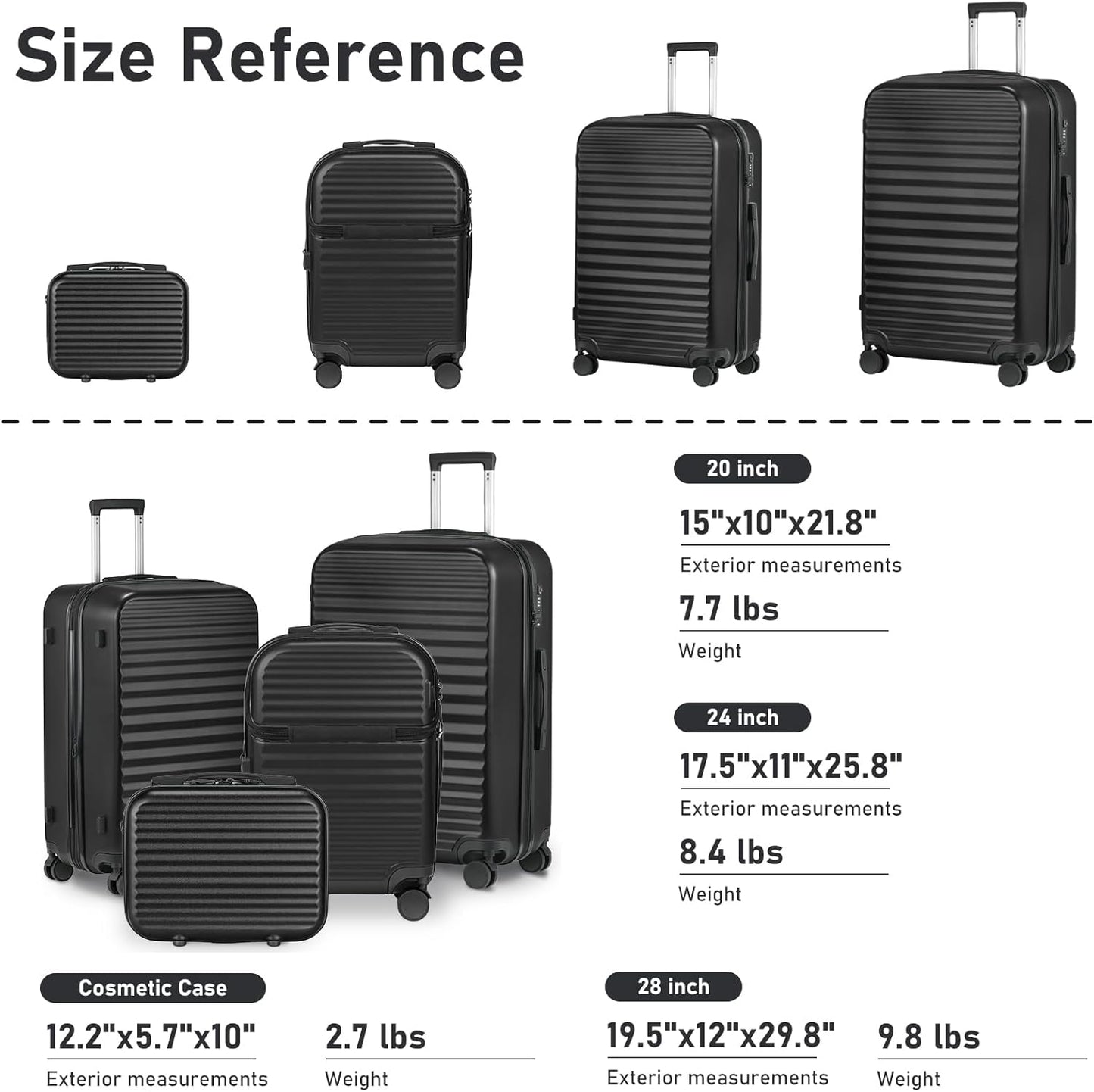 Itslife Luggage Sets 4 Piece Luggage Suitcases with Wheels, ABS shell with TSA Lock Spinner Wheels Carry On Luggage Set (20/24/28 inch, Black)
