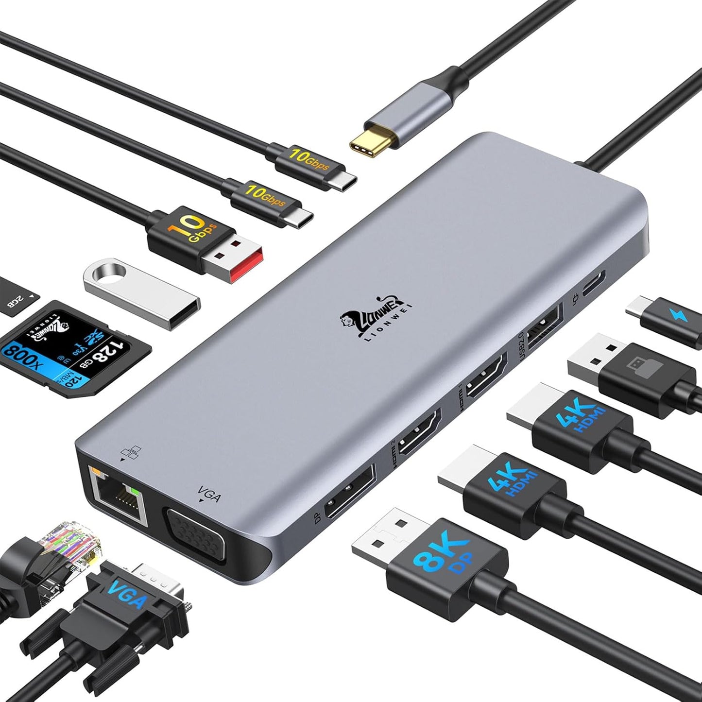 Laptop Docking Station 4 Monitors, Dual HDMI+8K DP+VGA, 10Gbps, 100W PD, 6 USB C/A Ports, Ethernet, SD/TF, LIONWEI 13 in 1 USB C Hub for MacBook/Dell/HP/Surface