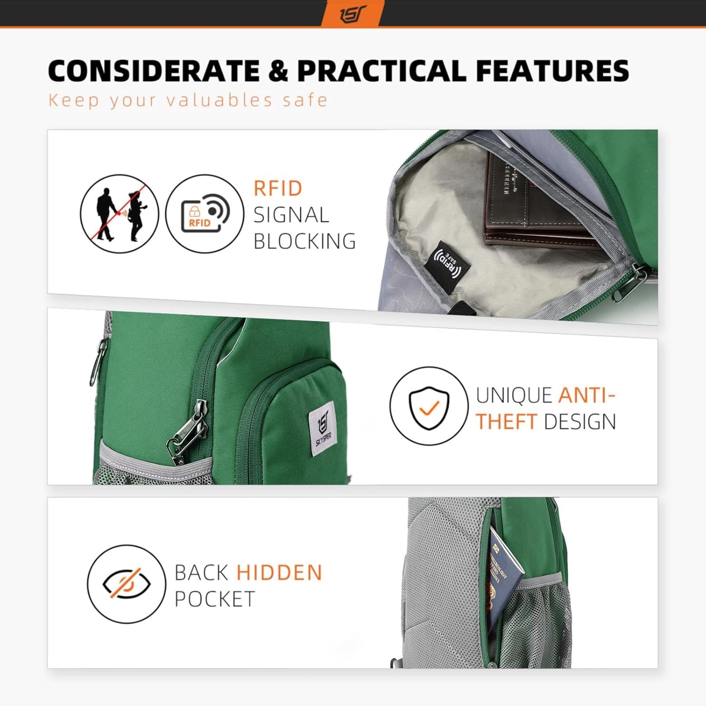 SKYSPER Sling Bag RFID Crossbody Sling Backpack Cross Body Shoulder Bag Travel Hiking Daypack for