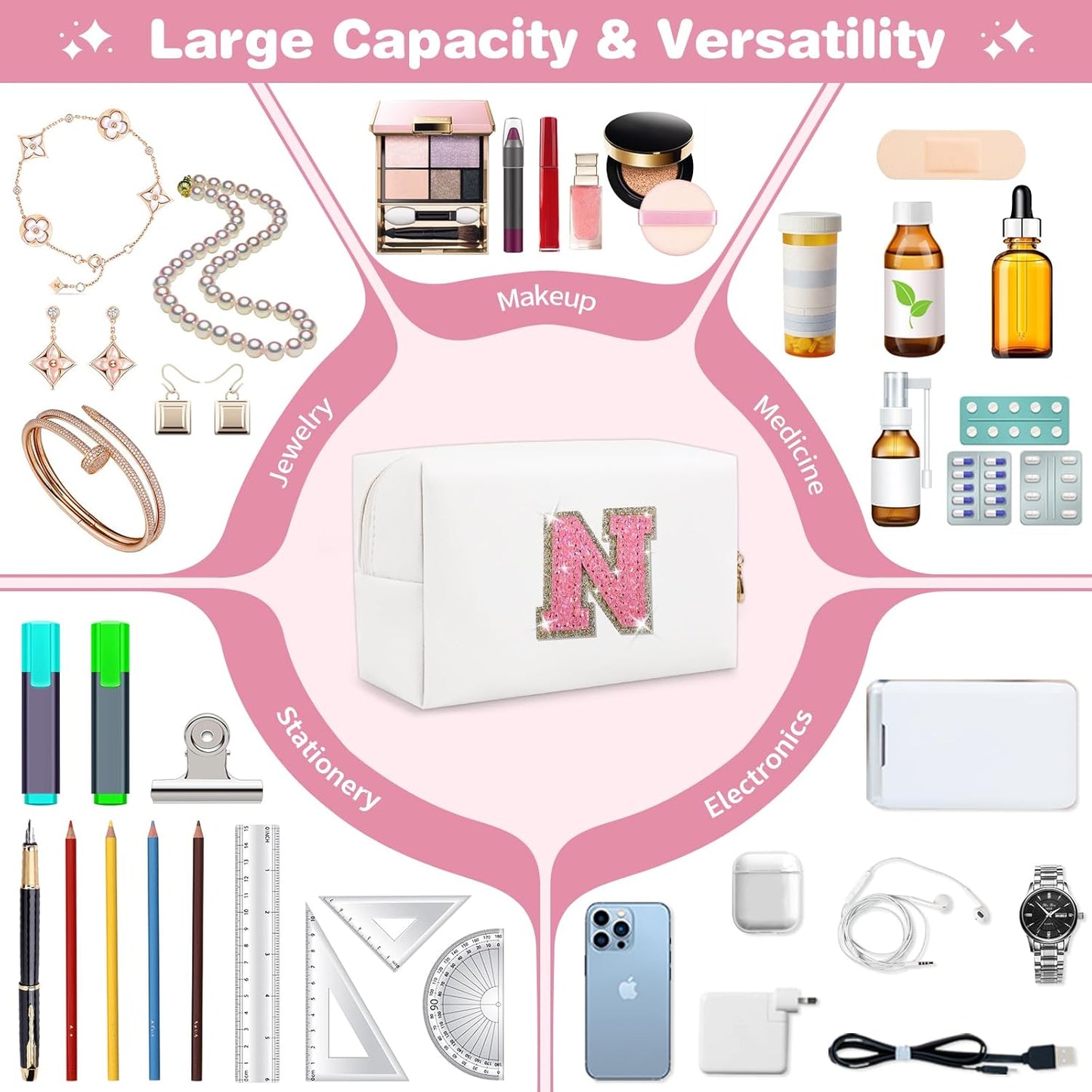 Small Initial Patch Makeup Bag Personalized Gifts Make Up Bag,White Cute PU Leather Glitter Letter Cosmetic Bag with Zipper,Trendy Portable Travel Toiletry Pouch,Preppy Stuff for Teen Girls Women N